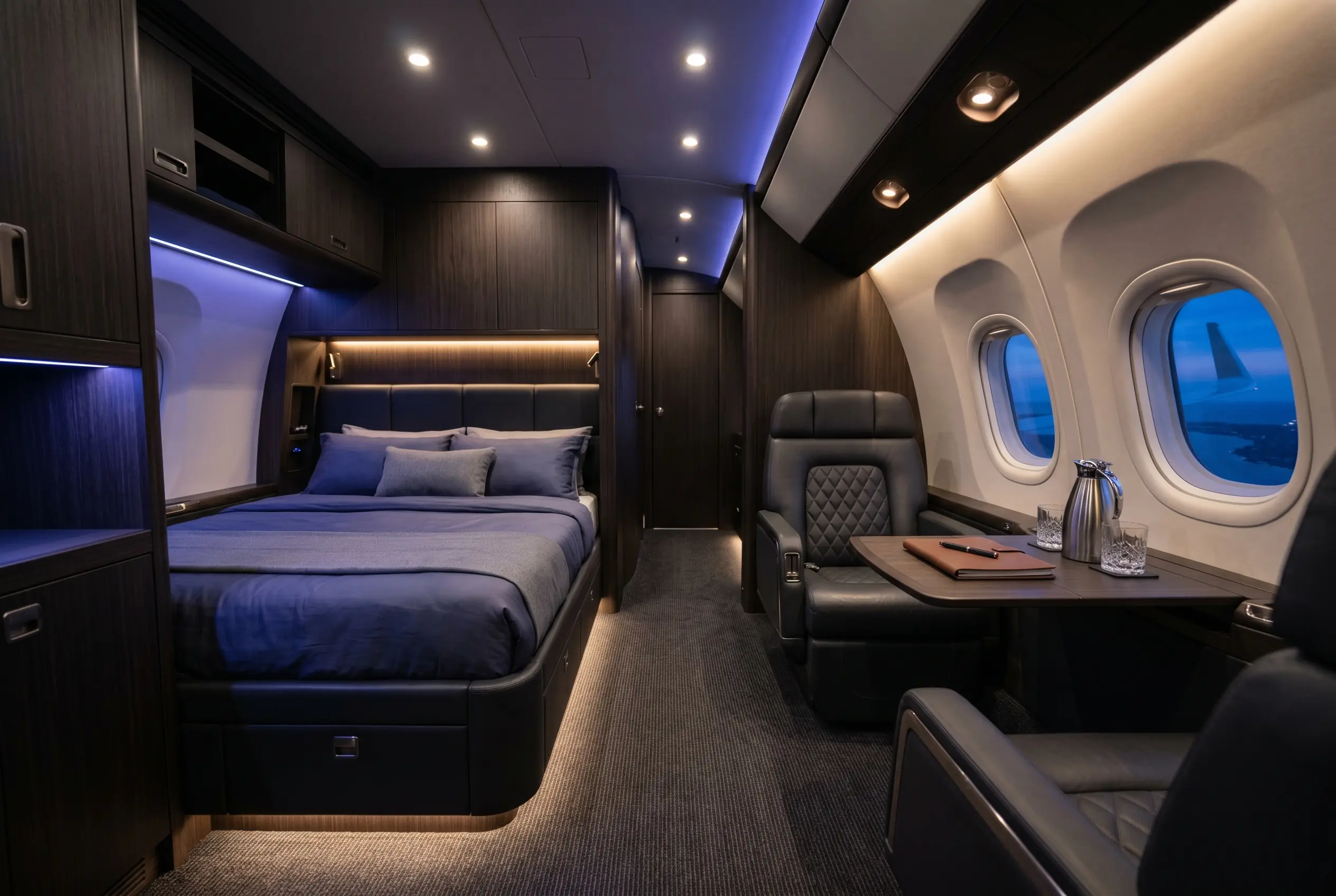 Private stateroom inside an Airbus ACJ319 during a New York to Miami flight