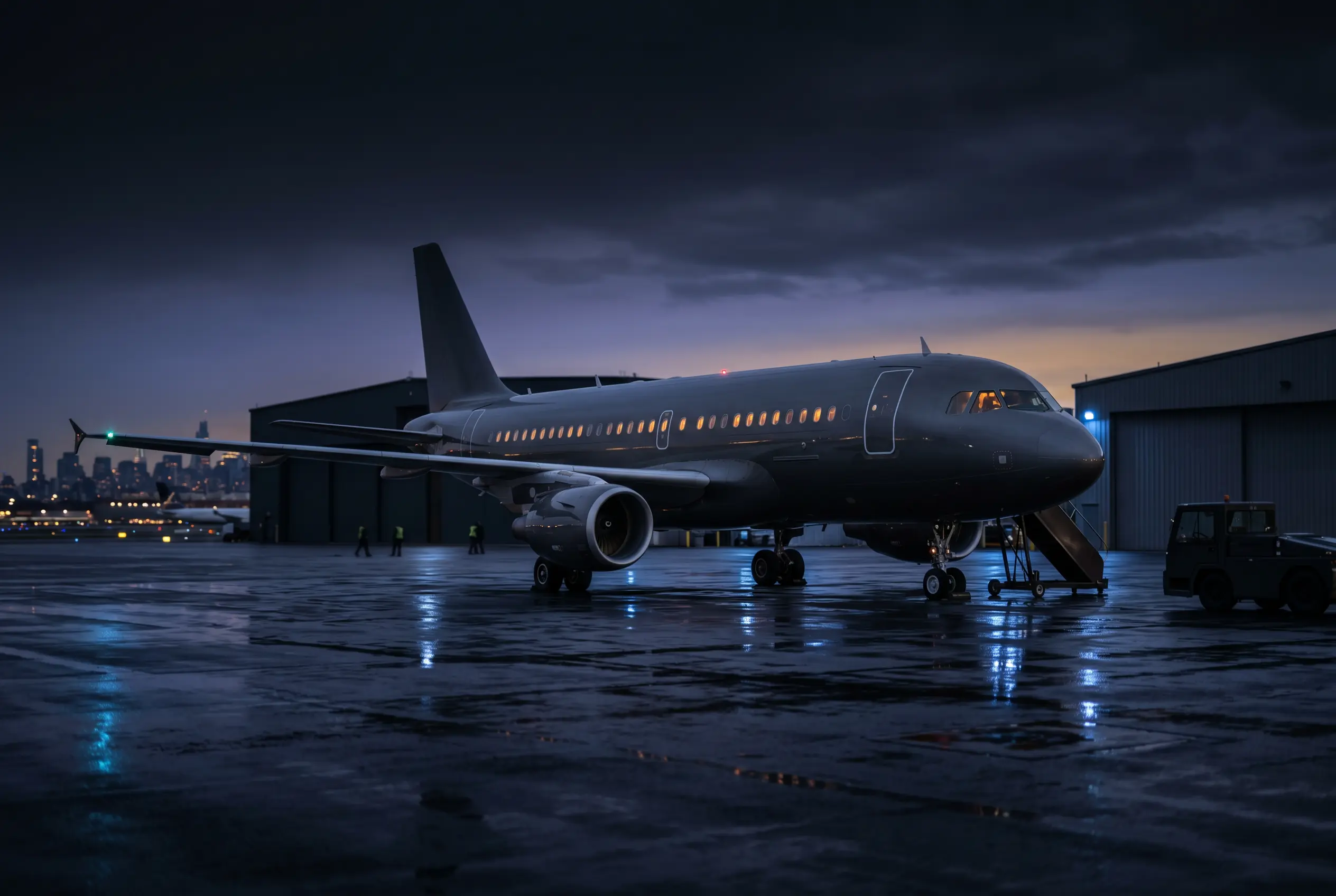 Airbus ACJ319 VIP airliner on a ramp at dusk before a New York to Miami departure