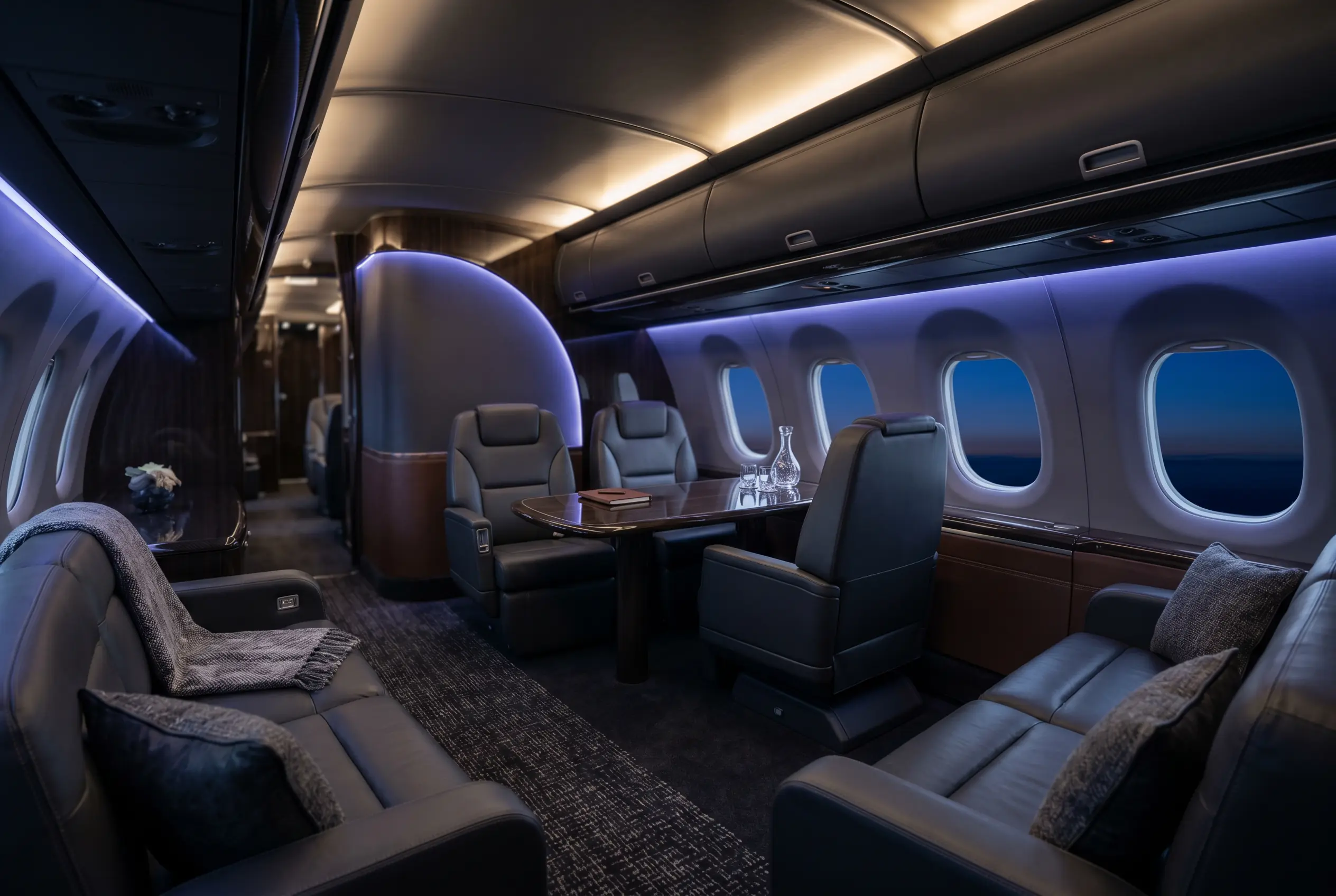 Airbus ACJ319 VIP lounge with sofas and a conference area for a New York to Miami charter
