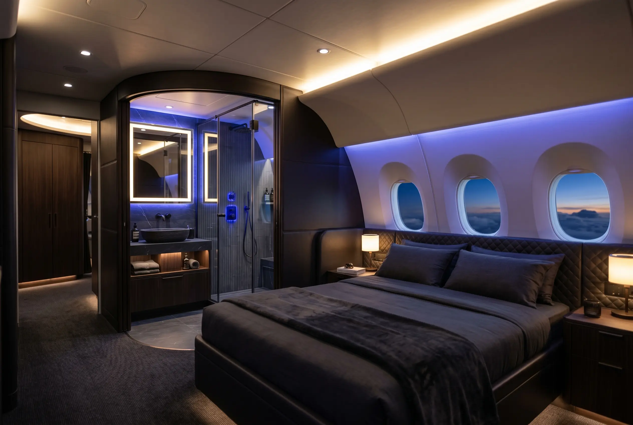 Private master bedroom with en-suite shower aboard an Airbus ACJ320neo during a New York to Miami flight