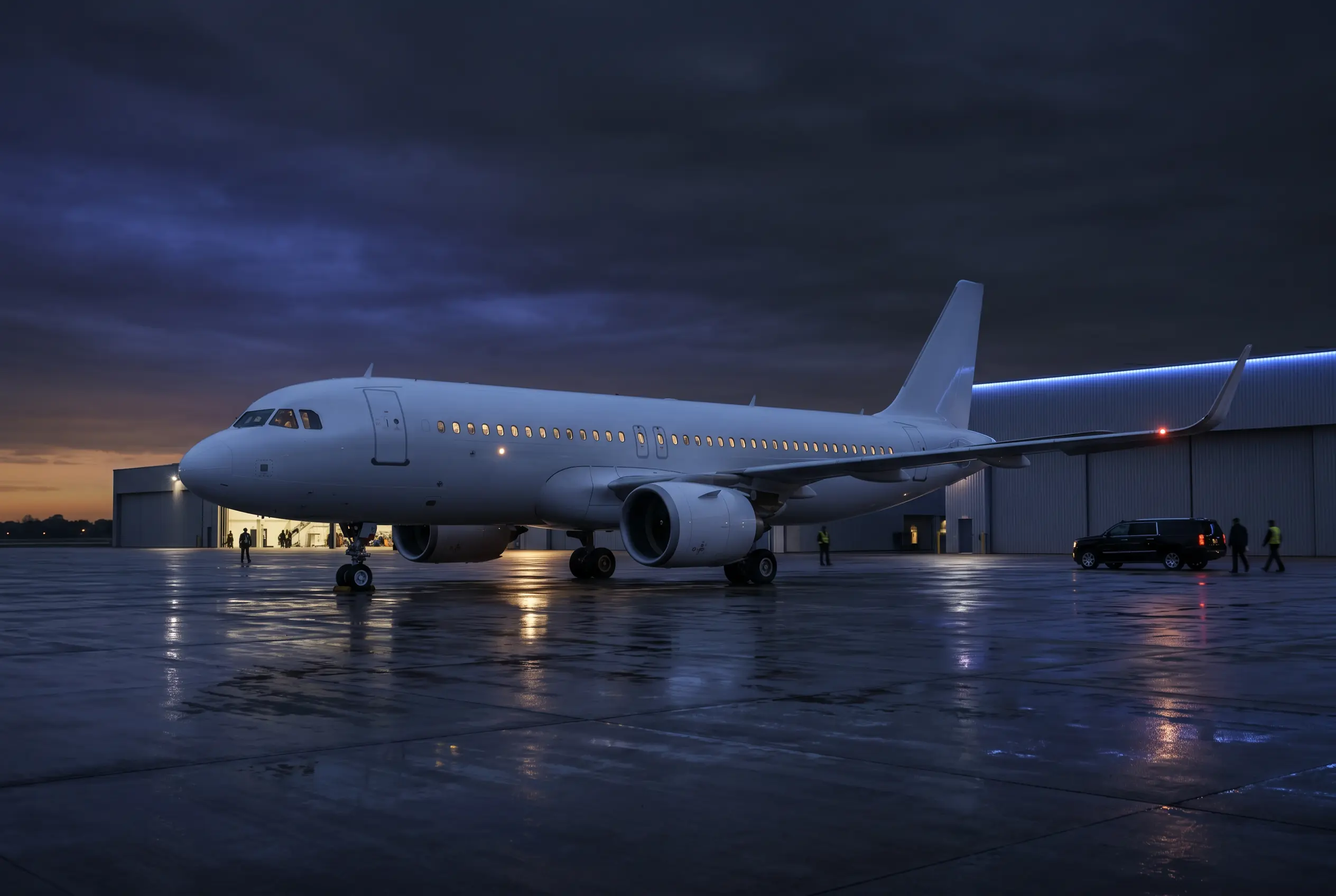 Airbus ACJ320neo bizliner on a ramp at dusk before a New York to Miami group departure