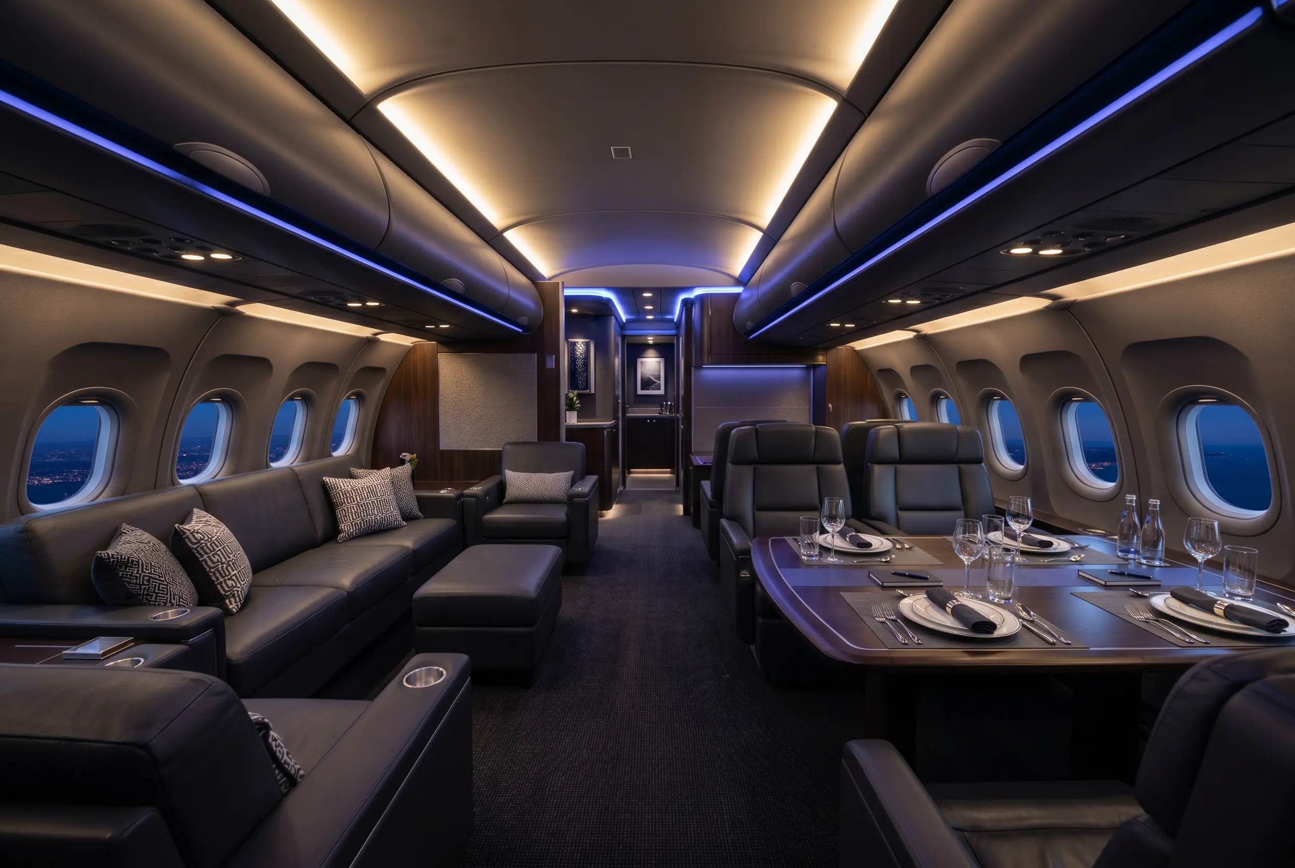 Airbus ACJ320neo main lounge with sofas and a conference table in the widest single-aisle cabin, set for a New York to Miami charter