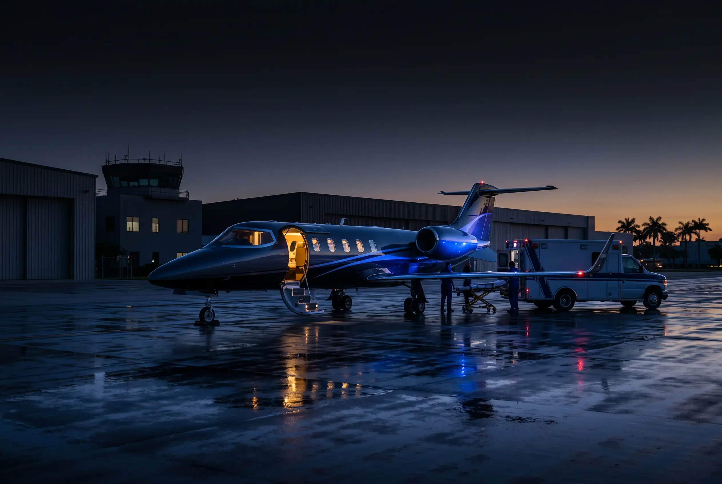 Air ambulance jet on a ramp at dusk with a ground ambulance alongside for a Miami transfer