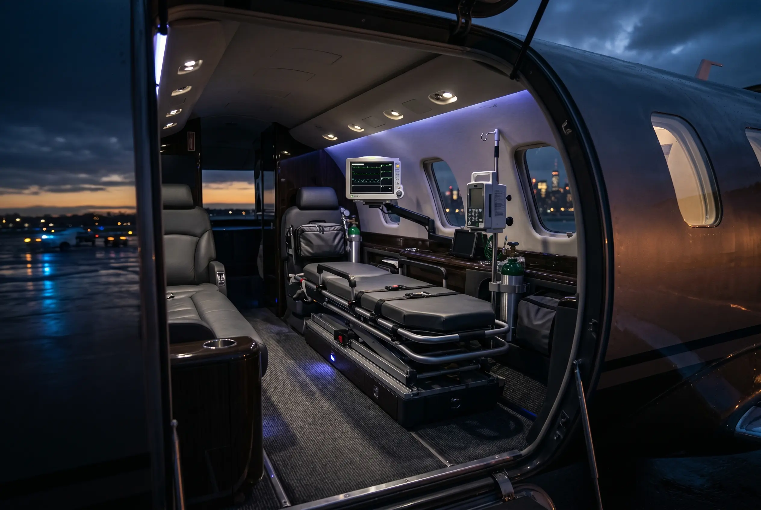 Stretcher and medical equipment installed in an air ambulance cabin for a New York to Miami transfer
