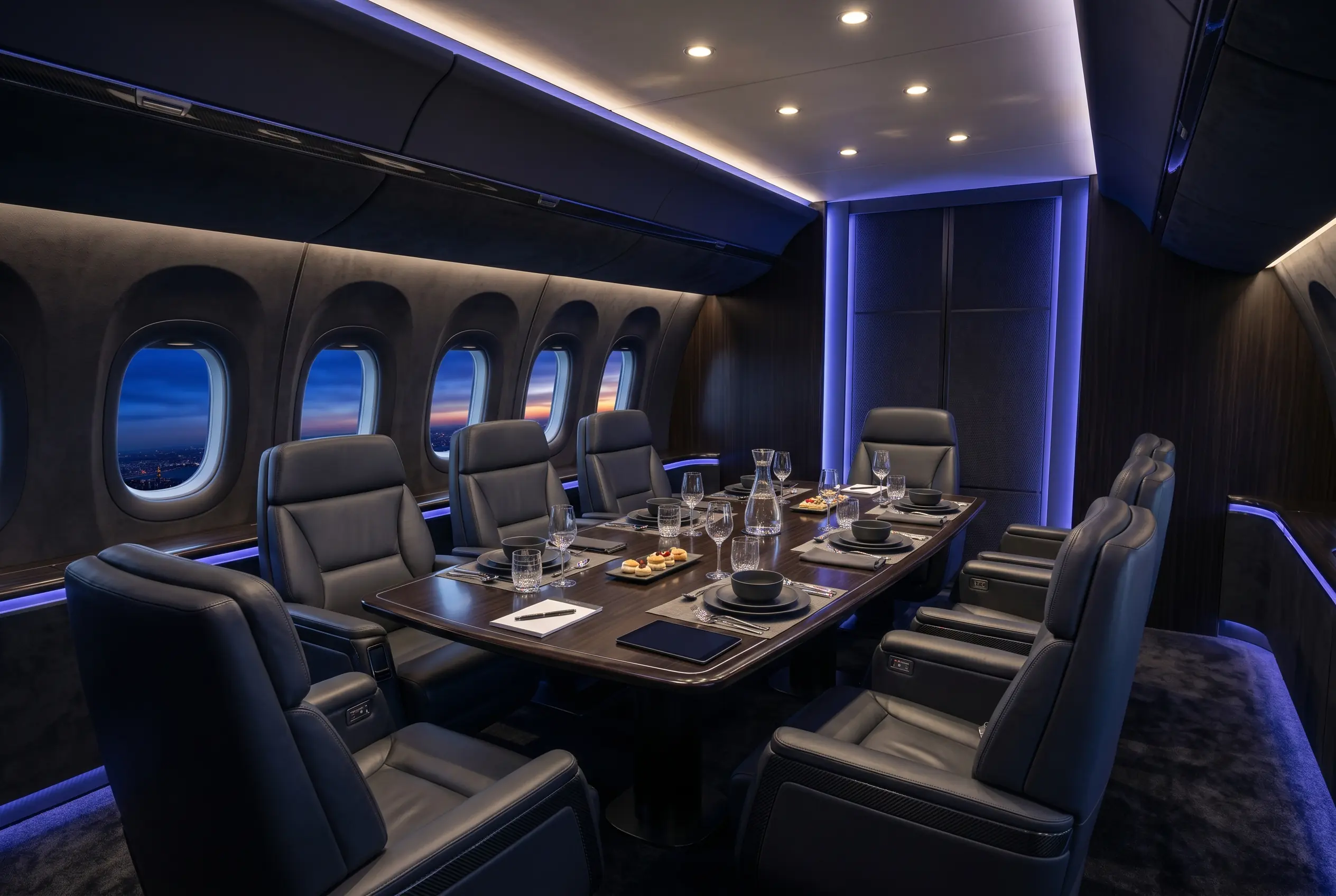 Formal dining and conference room aboard a Boeing BBJ MAX 8 during a New York to Miami flight