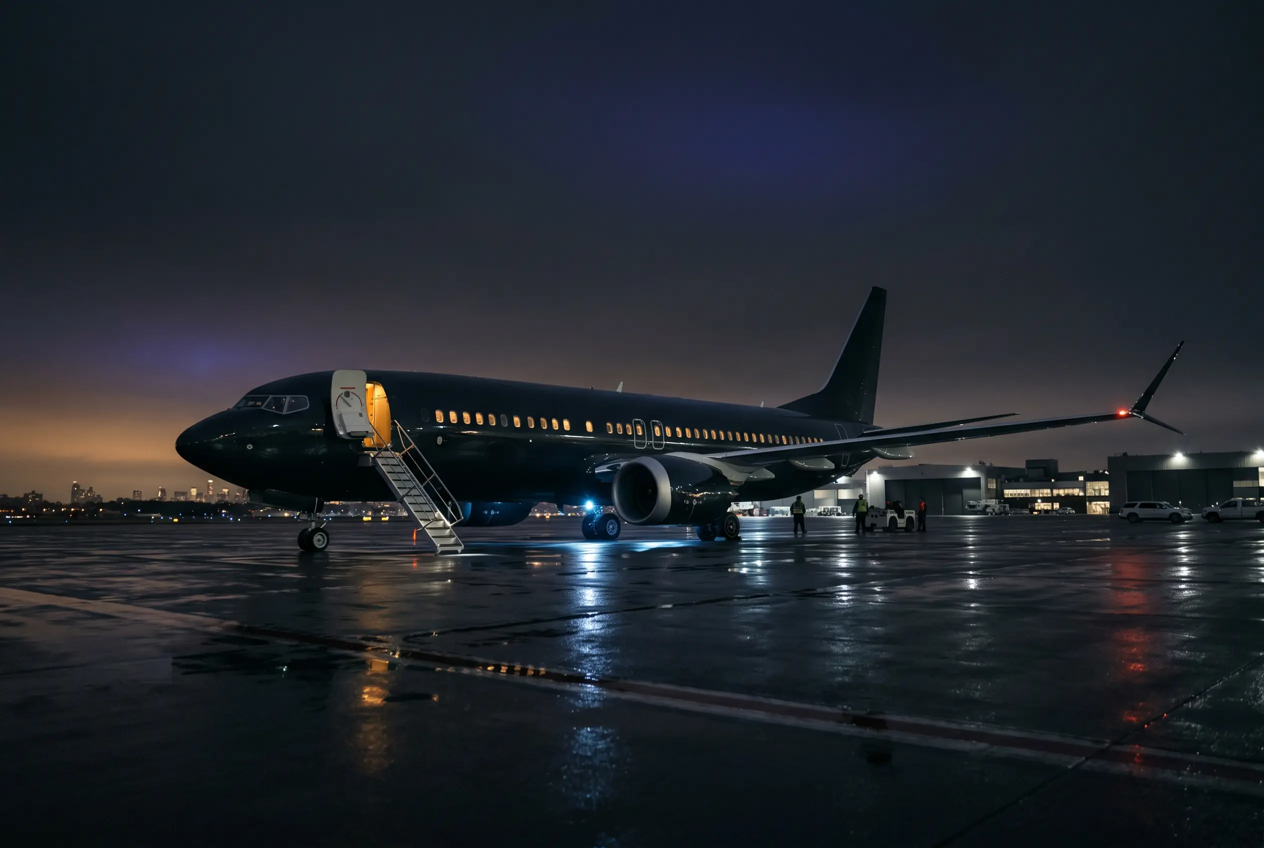 Boeing BBJ MAX 8 bizliner with winglets on a ramp at dusk before a New York to Miami group departure