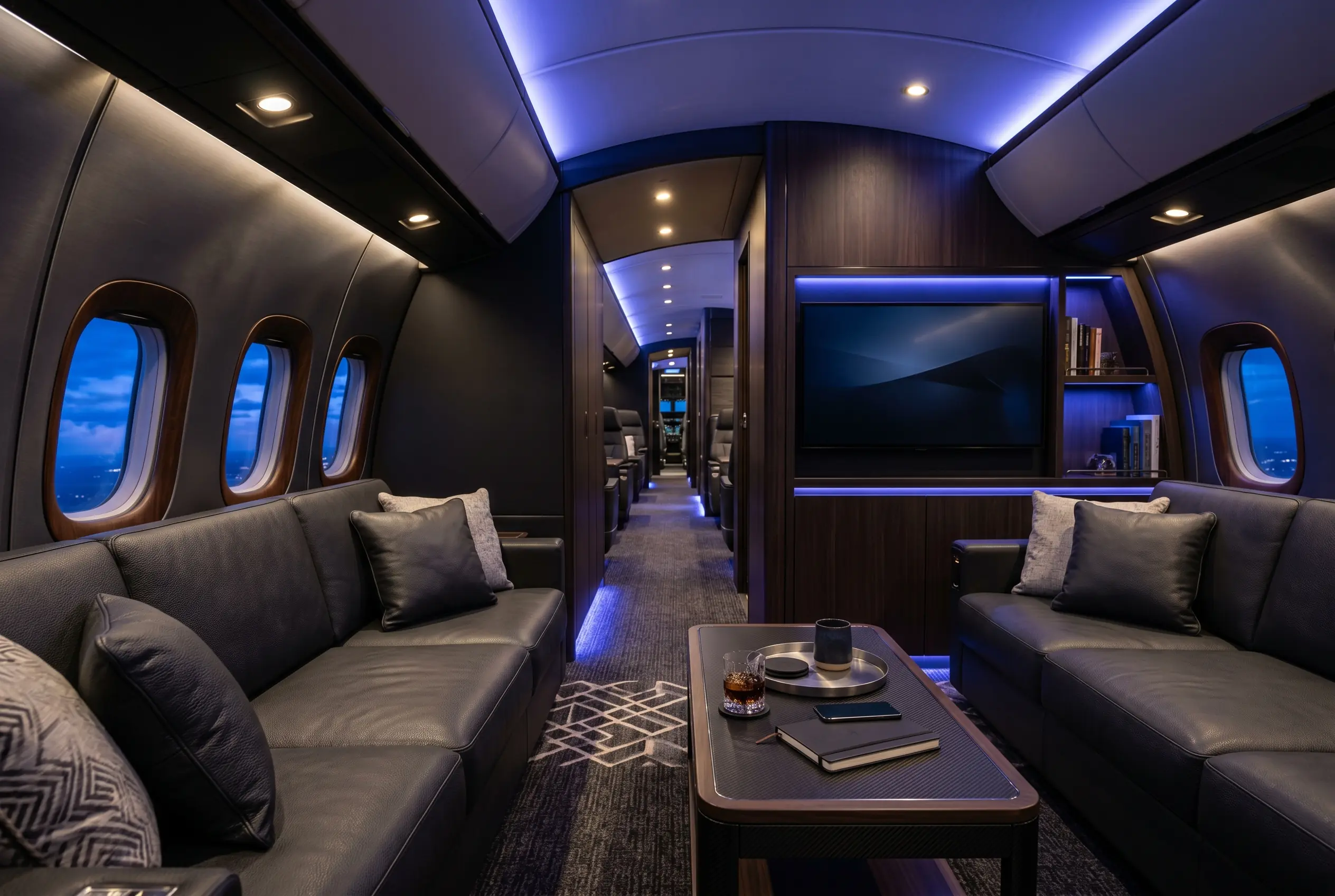 Boeing BBJ MAX 8 forward lounge with sofas and a media wall in a long multi-room cabin, set for a New York to Miami charter
