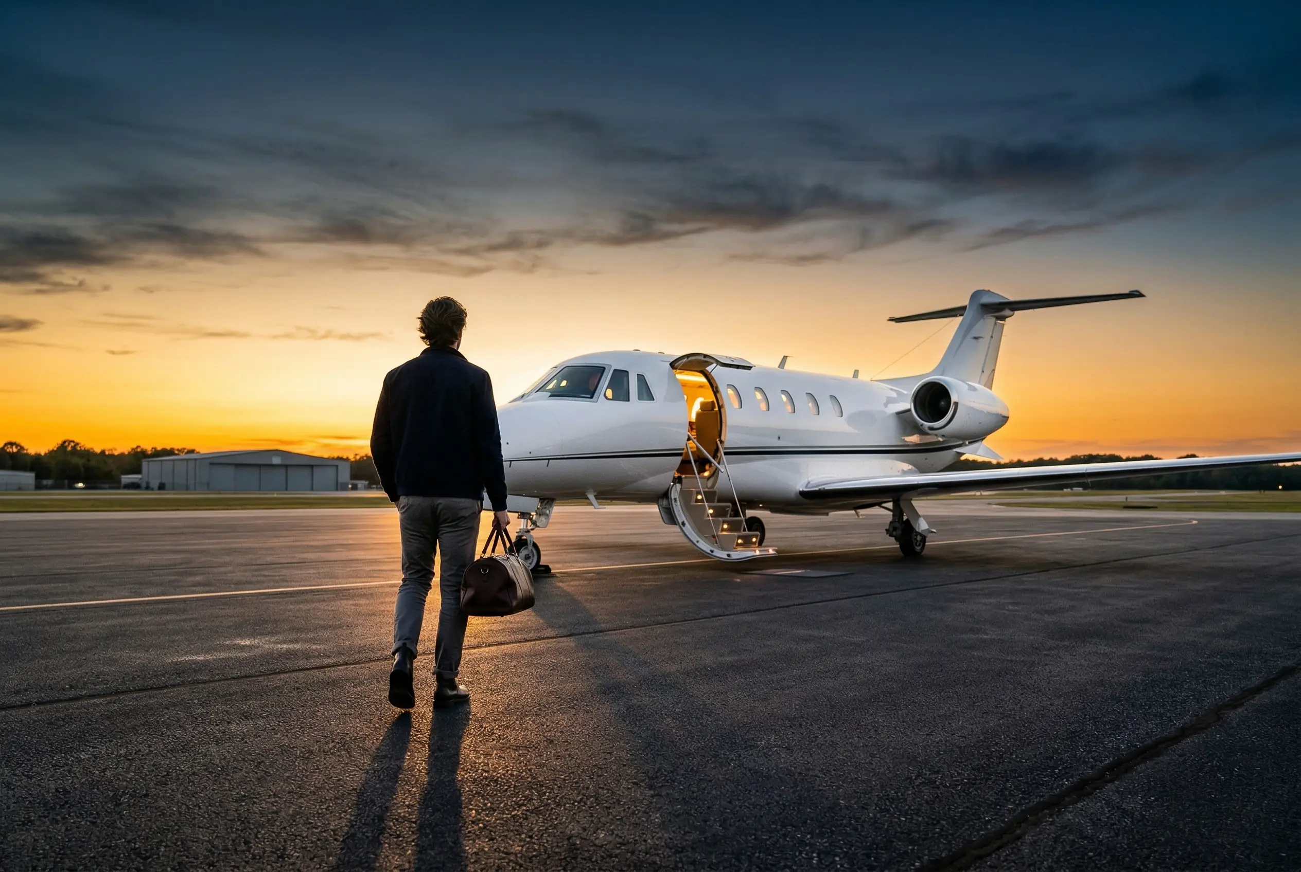 Traveler walking toward a private jet at sunset — airstairs deployed and cabin light visible for a New York to Miami departure