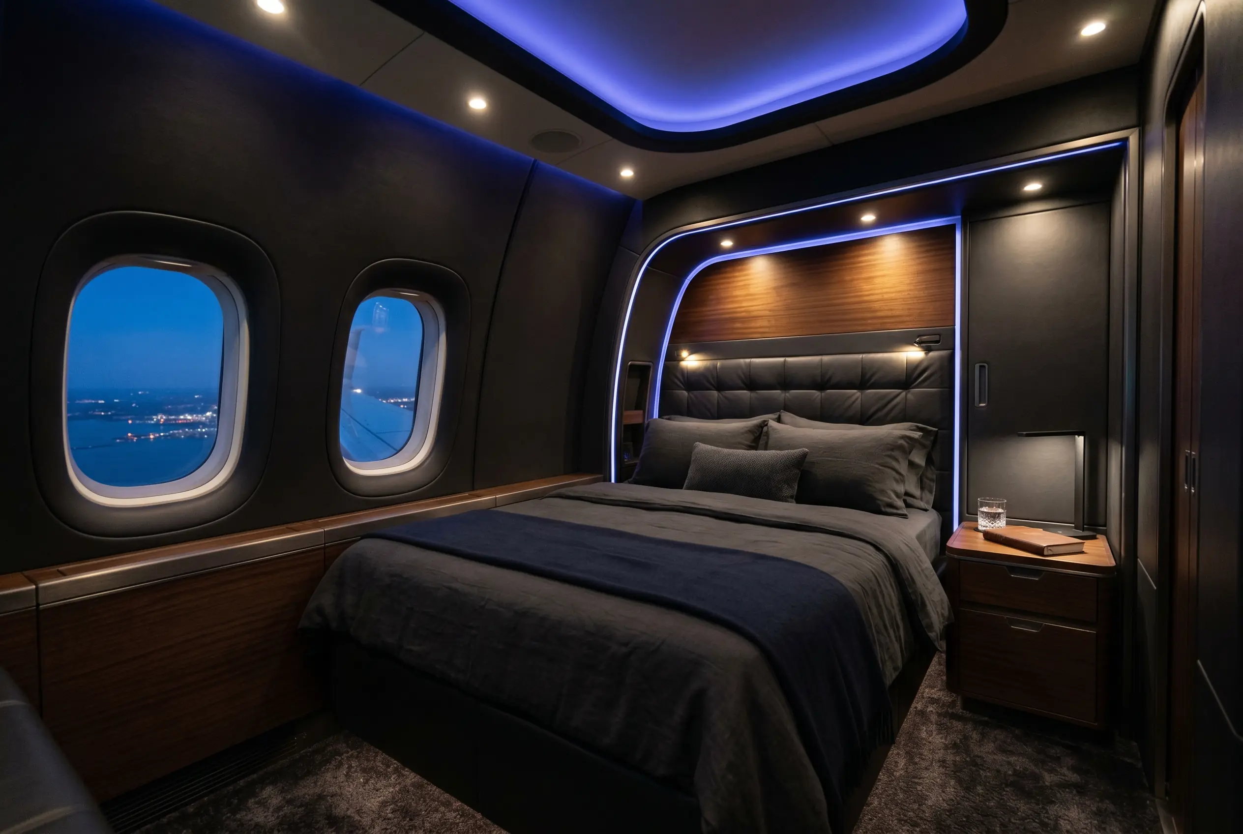 Private bedroom suite inside a Boeing BBJ during a New York to Miami flight