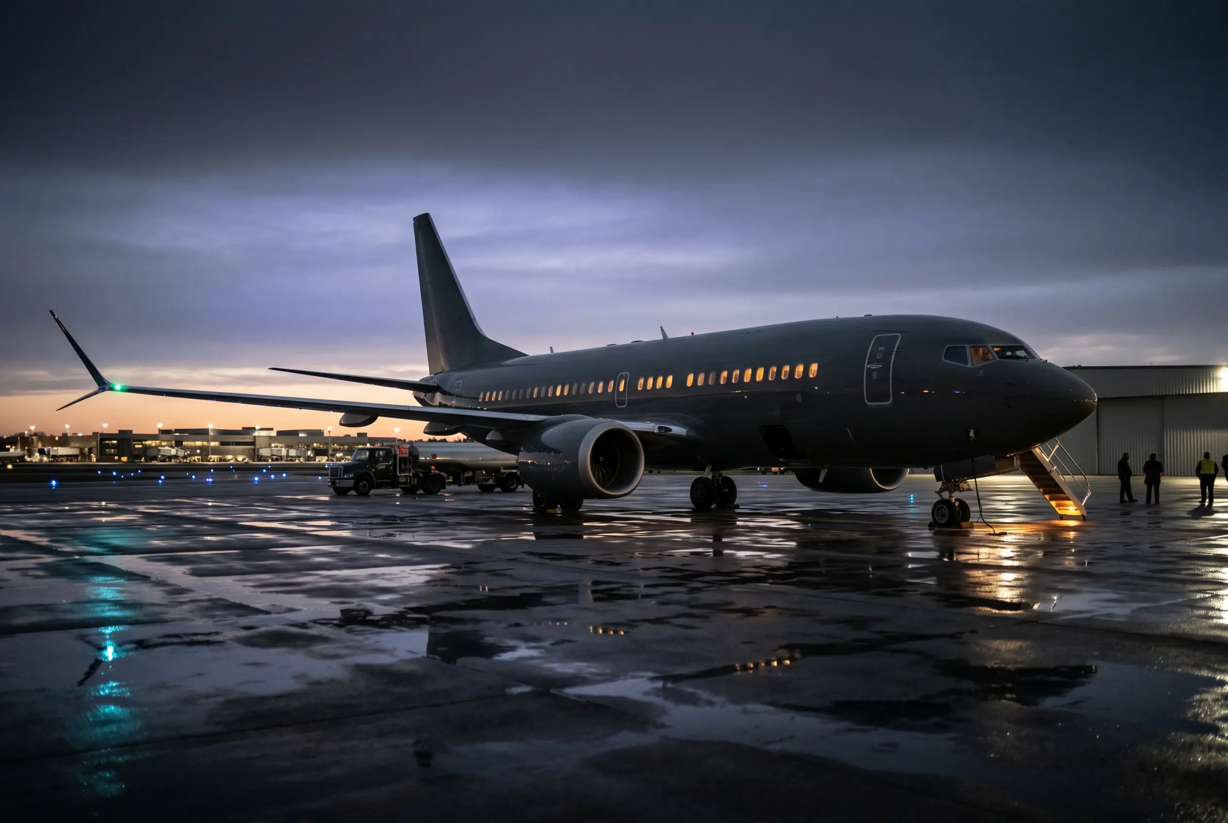 Boeing Business Jet on a ramp at dusk before a New York to Miami departure