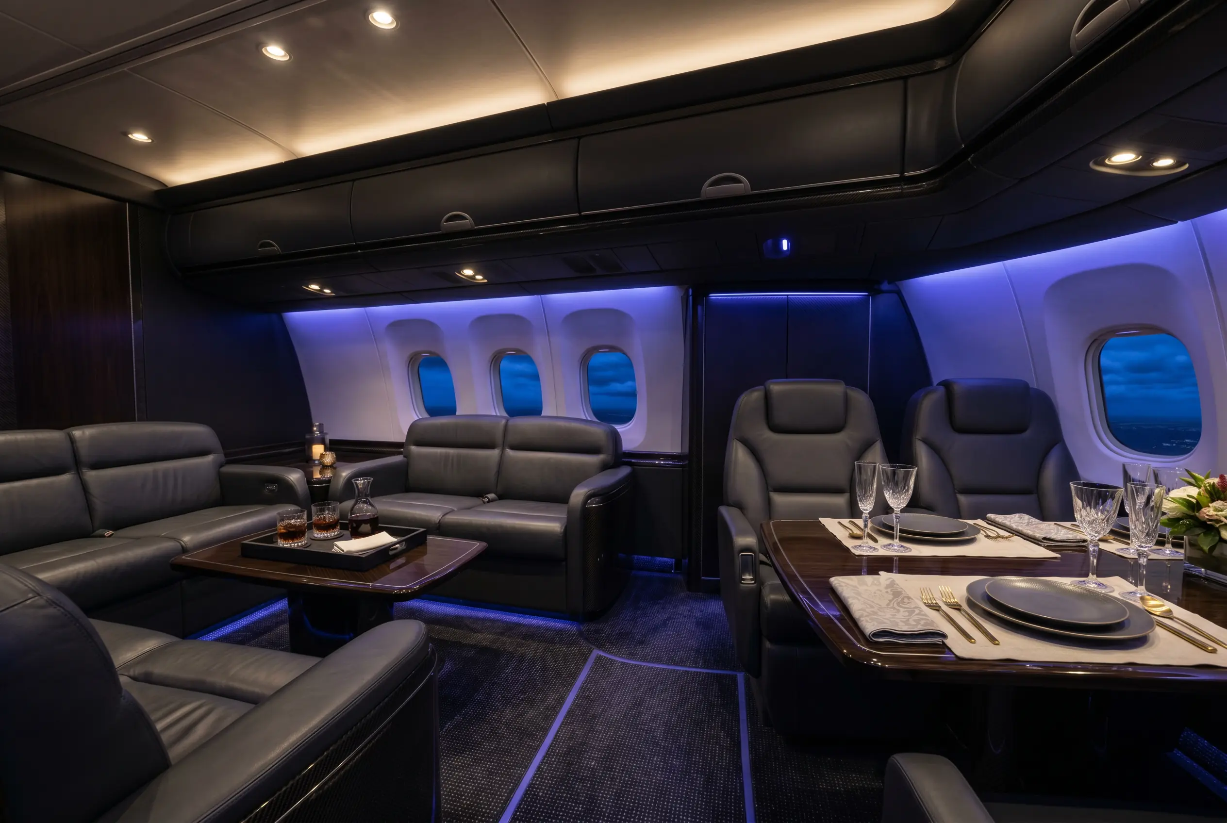 Boeing BBJ VIP lounge and dining area for a New York to Miami charter