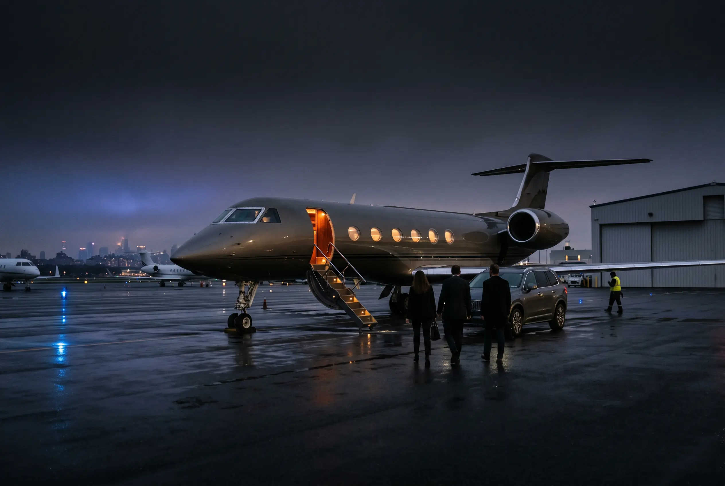 Private jet on the ramp at a New York FBO at dusk ahead of a crypto-booked charter to Miami