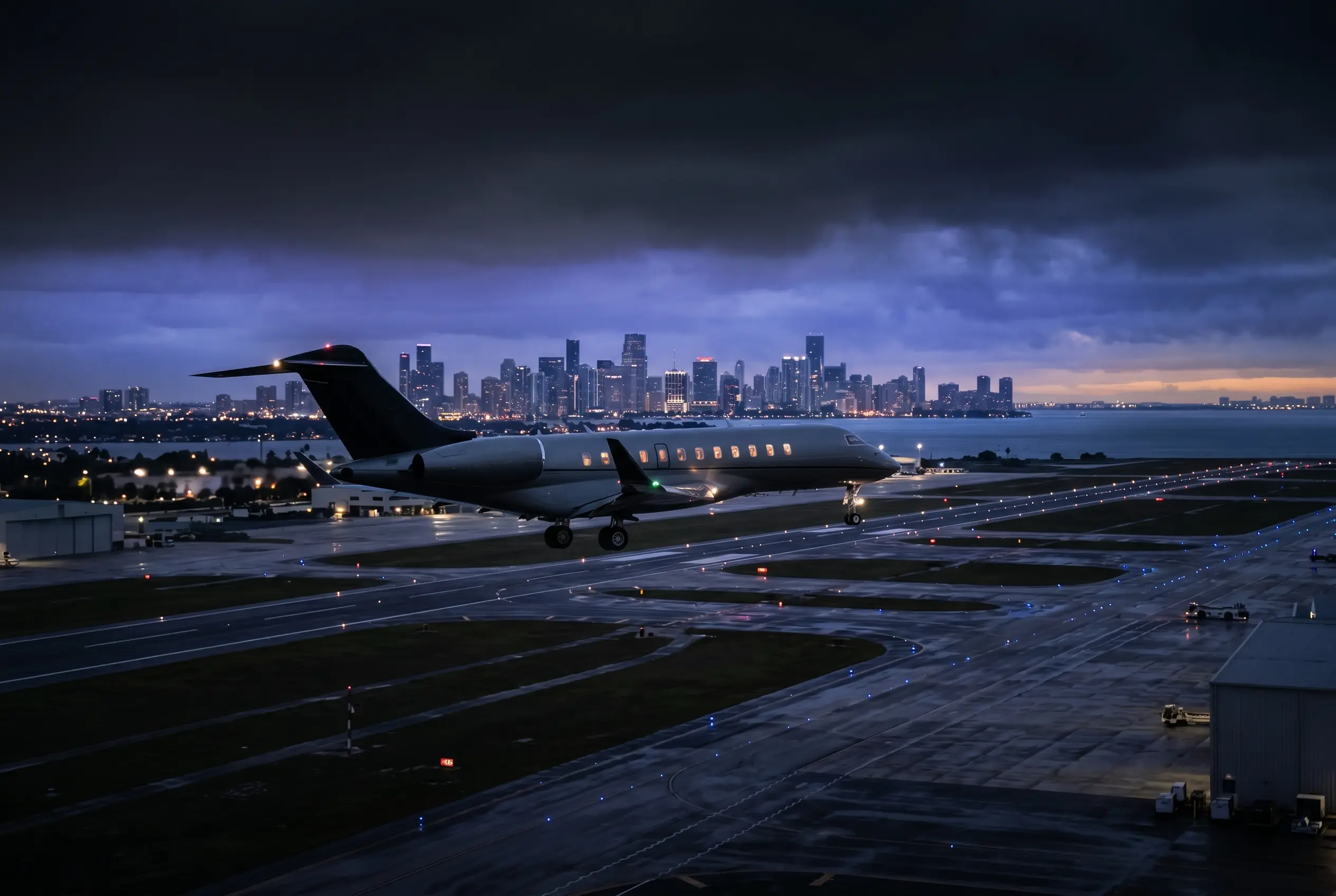 Private jet on approach to Miami at dusk with the downtown skyline, booked with cryptocurrency from New York