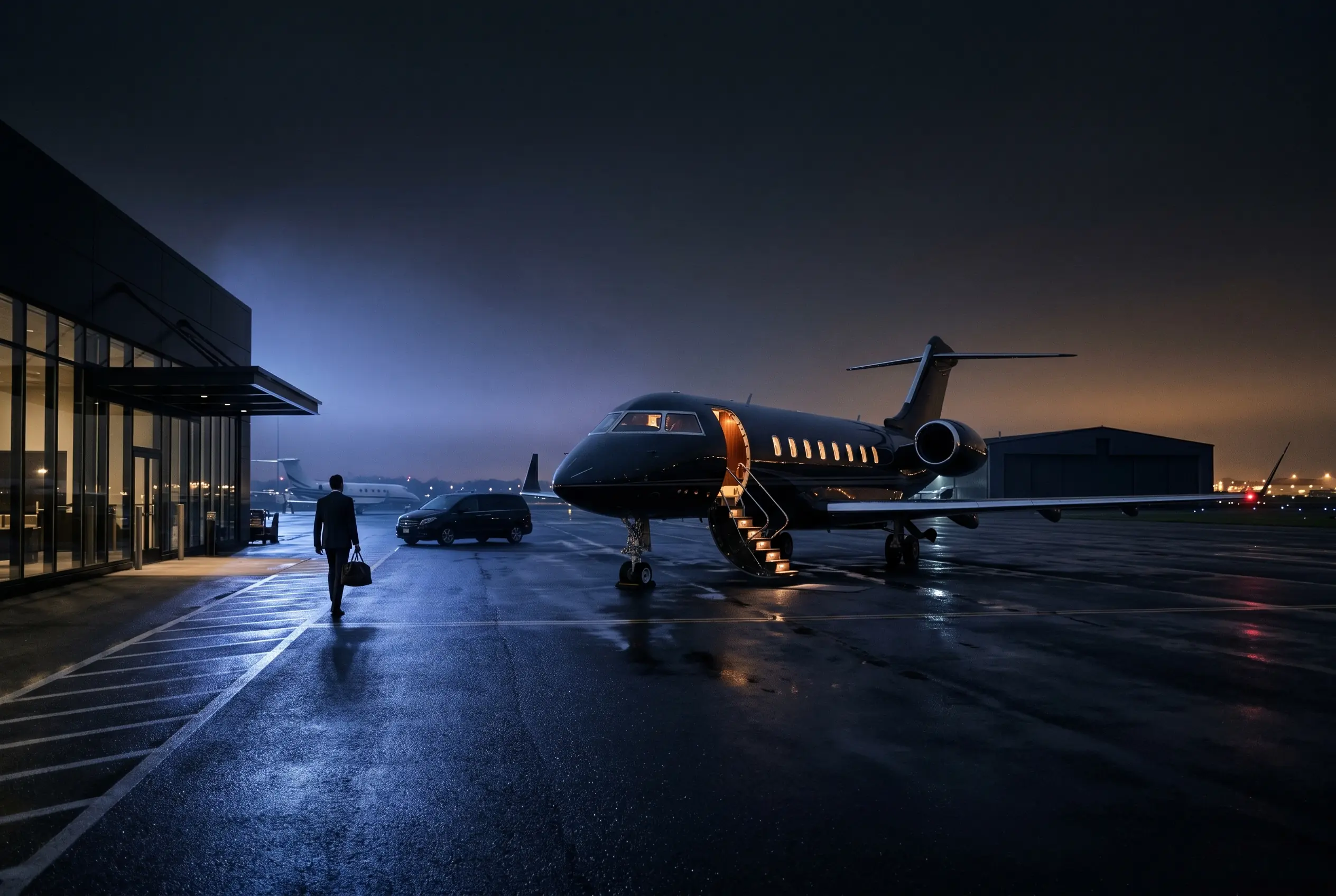 Business traveller boarding a private jet at a New York FBO 15 minutes before departure to Miami