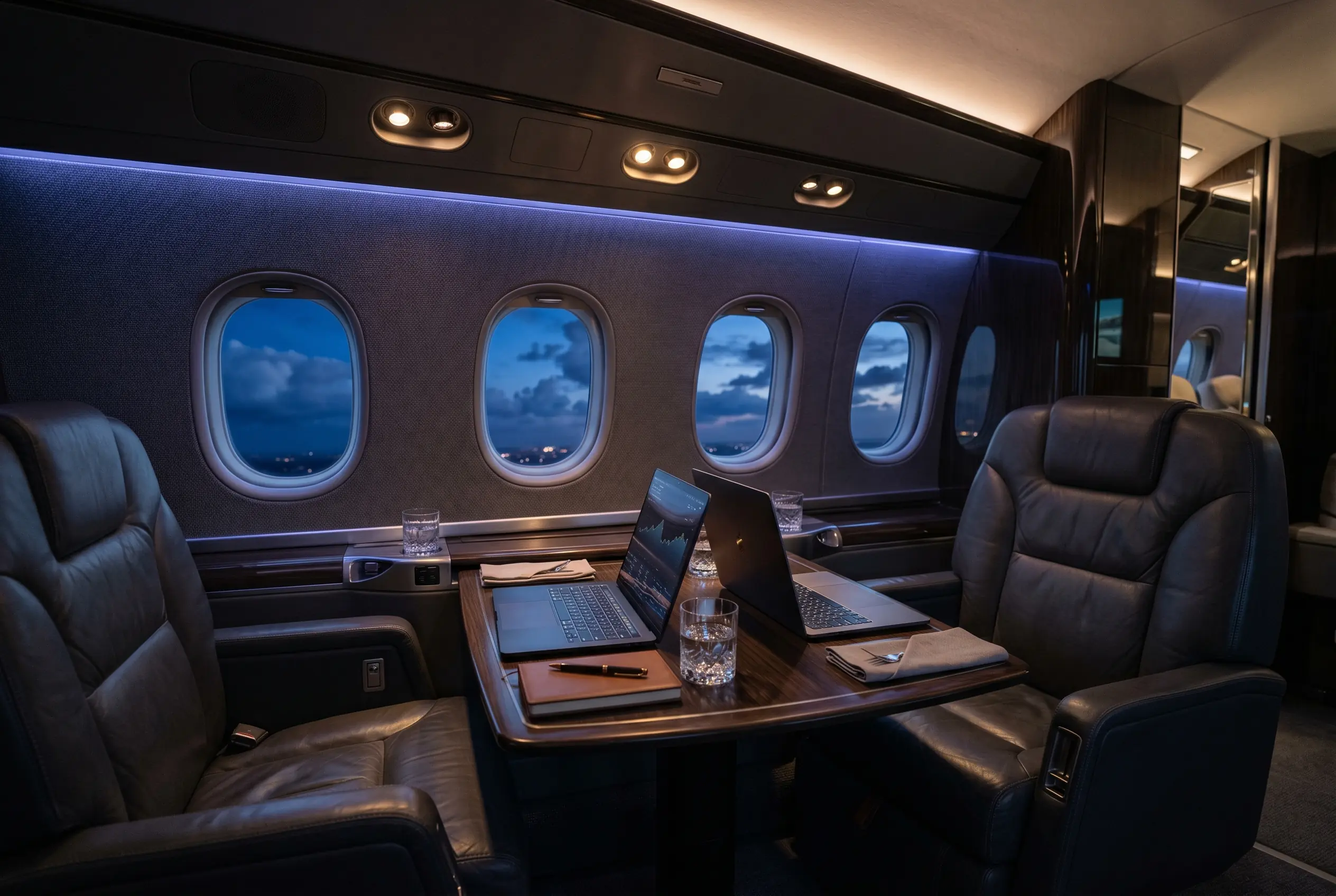 Executives working at a worktable in a business jet cabin with laptops open, en route from New York to Miami