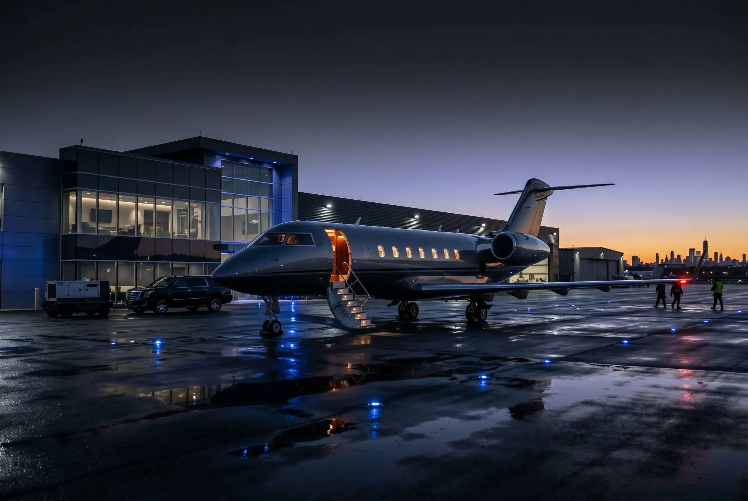 Private FBO terminal at Teterboro at dusk with a business jet on the ramp for a Miami departure