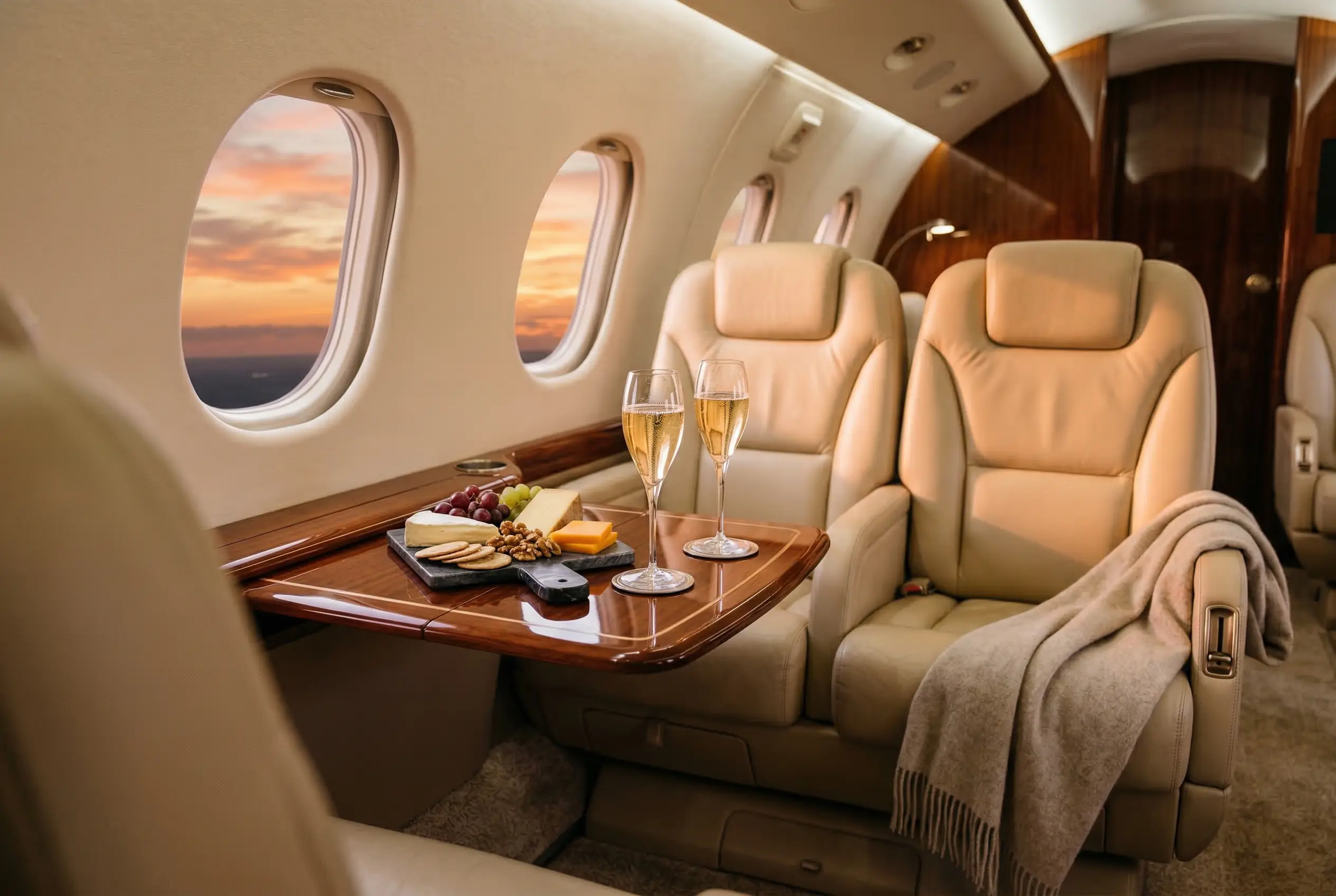 Private jet cabin with champagne service and leather seating — leisure configuration for the New York to Miami route