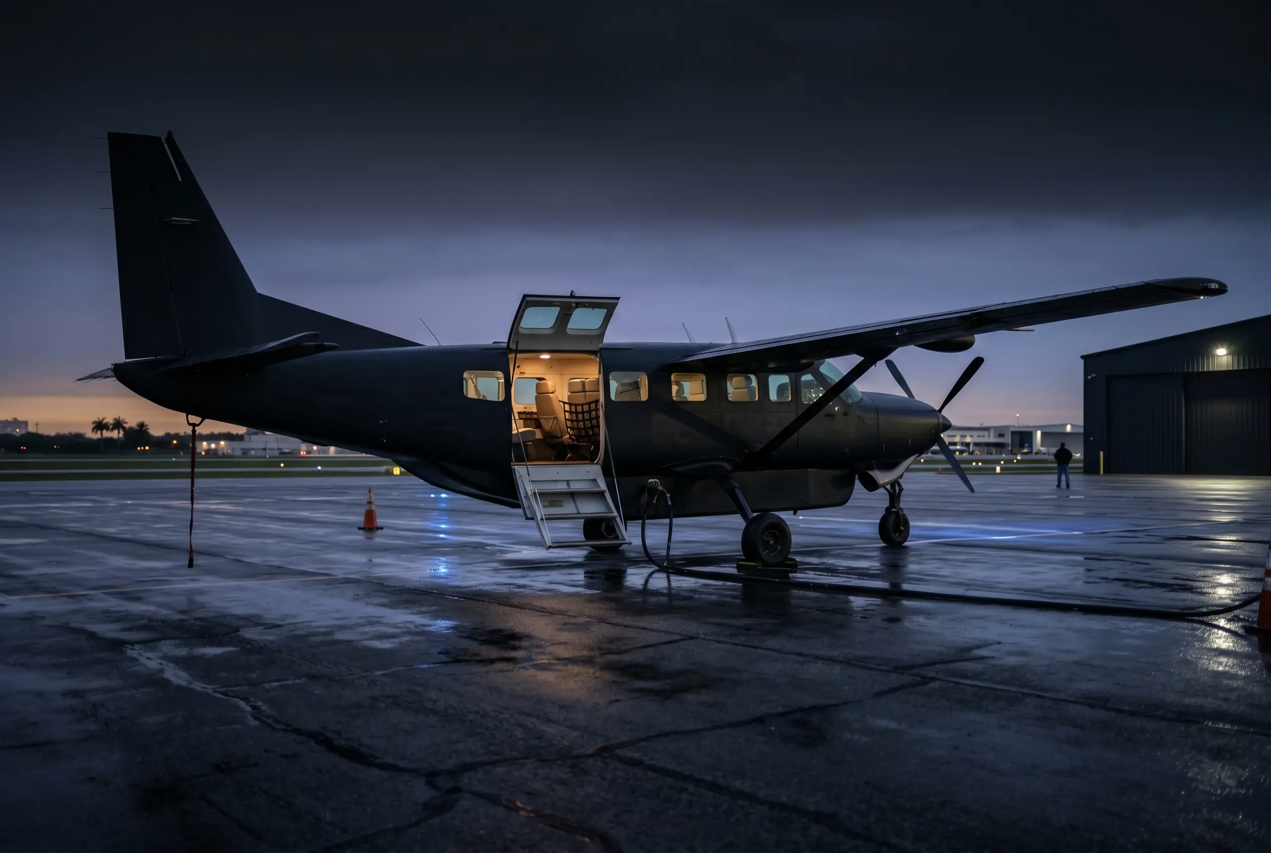 Cessna Grand Caravan EX with its large cargo door open on a quiet ramp at dusk ahead of a Florida departure
