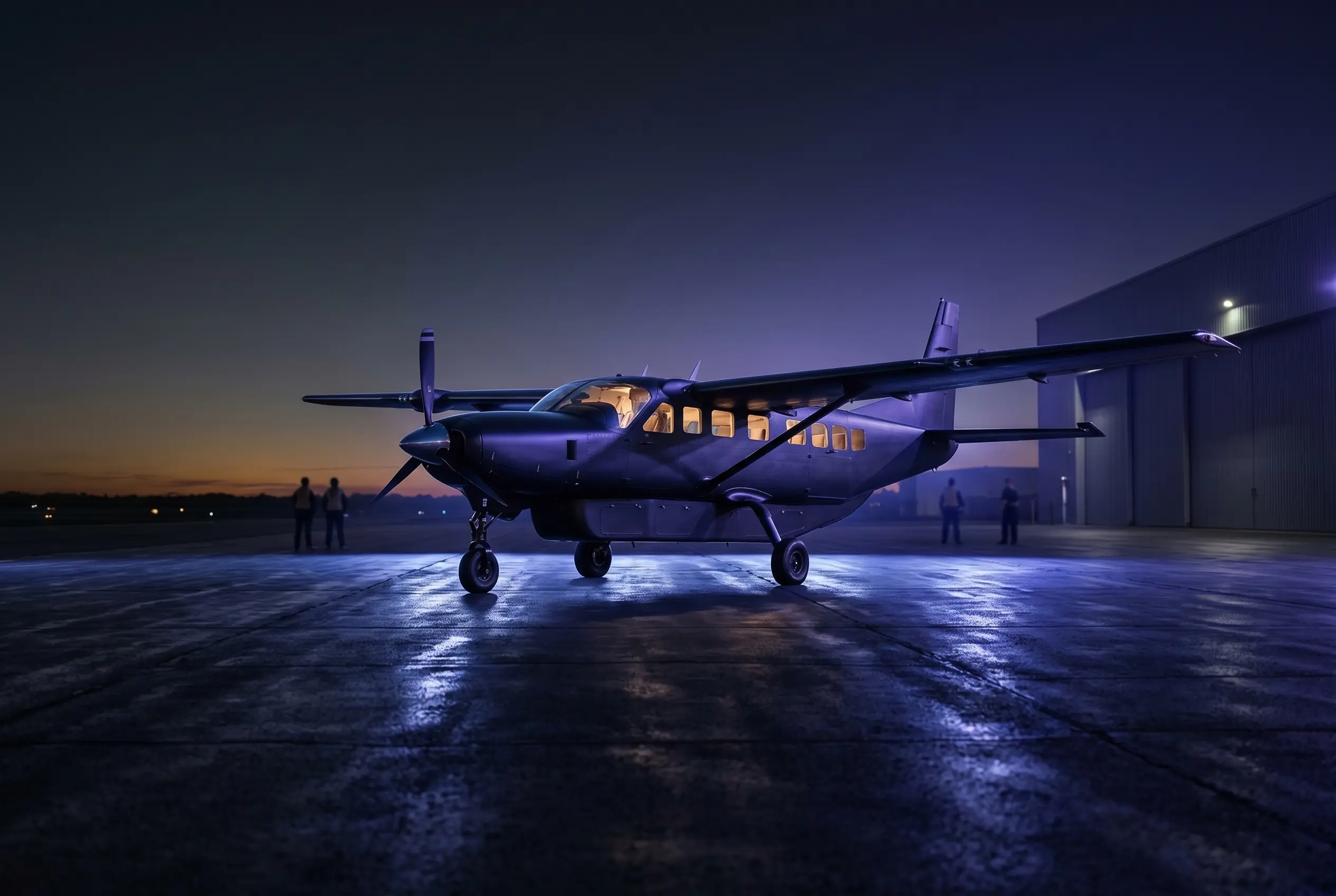 Cessna Grand Caravan EX single-engine utility turboprop on a regional ramp at dusk before a New York to Miami flight