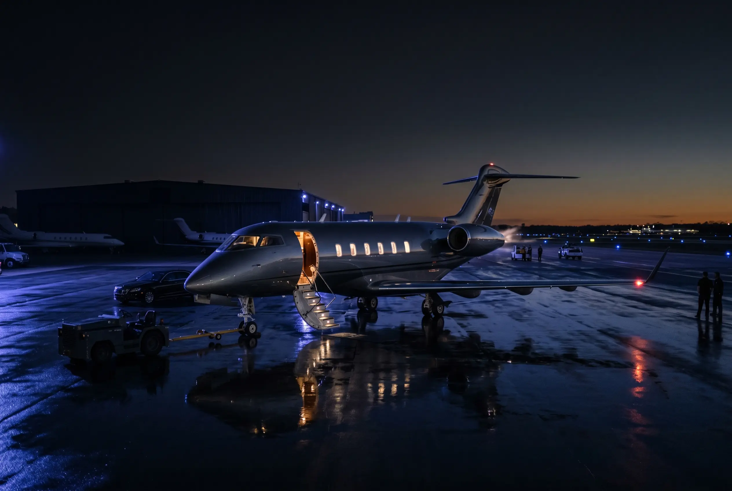 Bombardier Challenger 300 on a private ramp at dusk before a New York to Miami departure