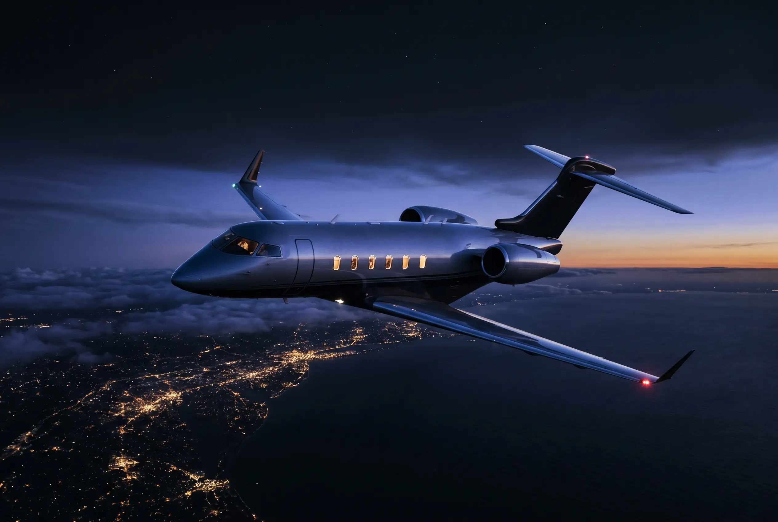 Bombardier Challenger 300 in flight at dusk above the Eastern Seaboard en route from New York to Miami