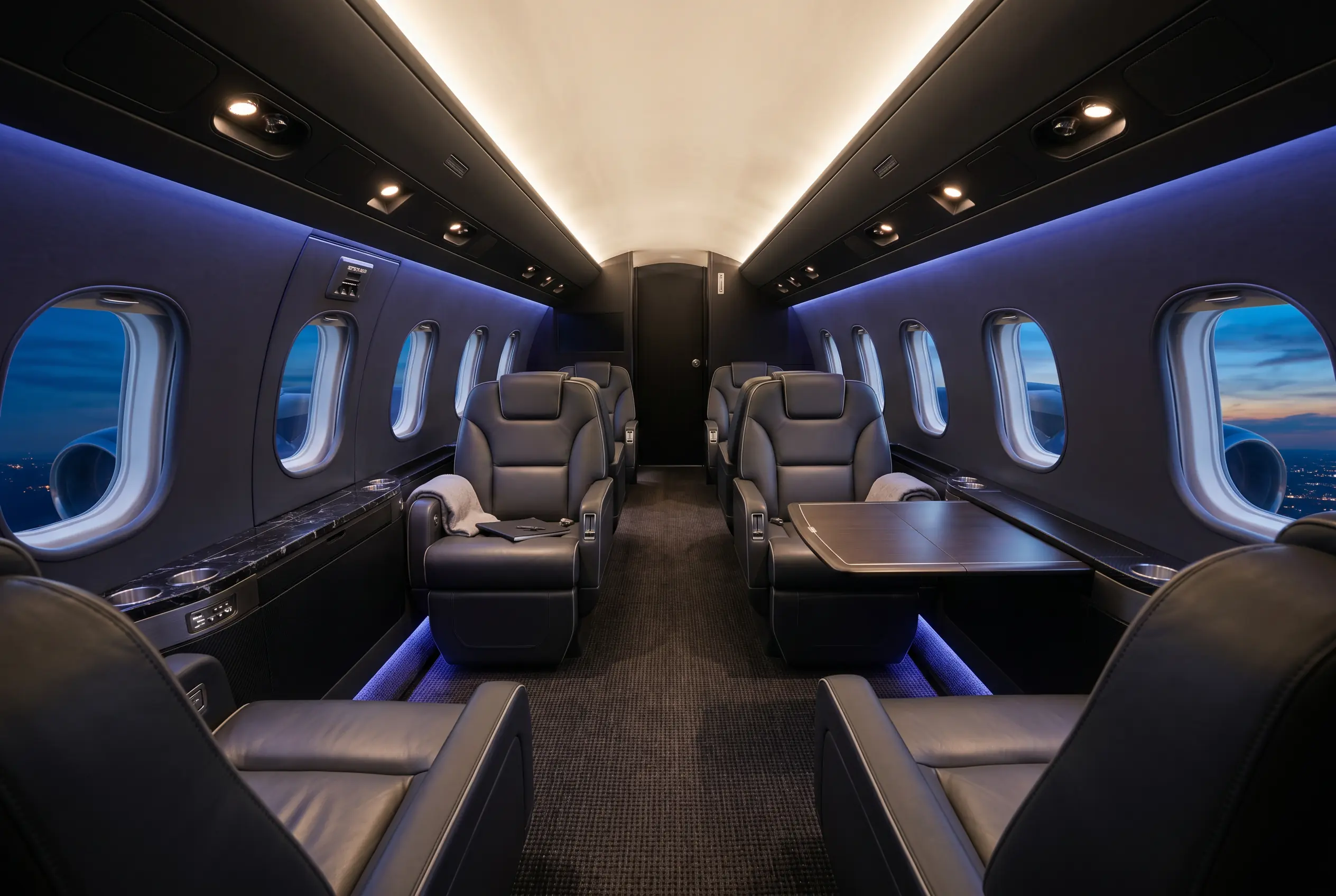 Bombardier Challenger 350 wide flat-floor cabin with club seating for a New York to Miami charter