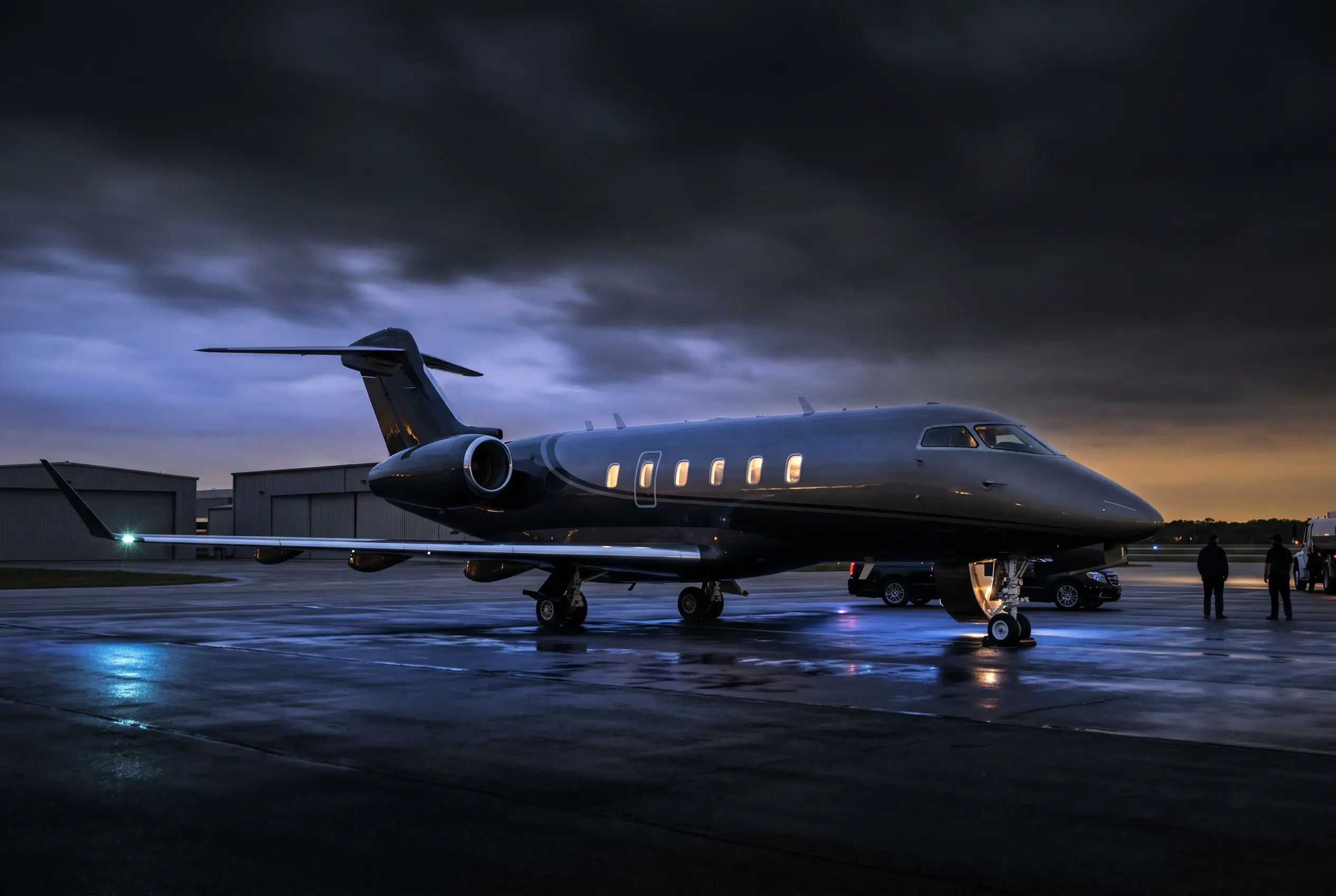 Bombardier Challenger 350 on a private ramp at dusk before a New York to Miami departure