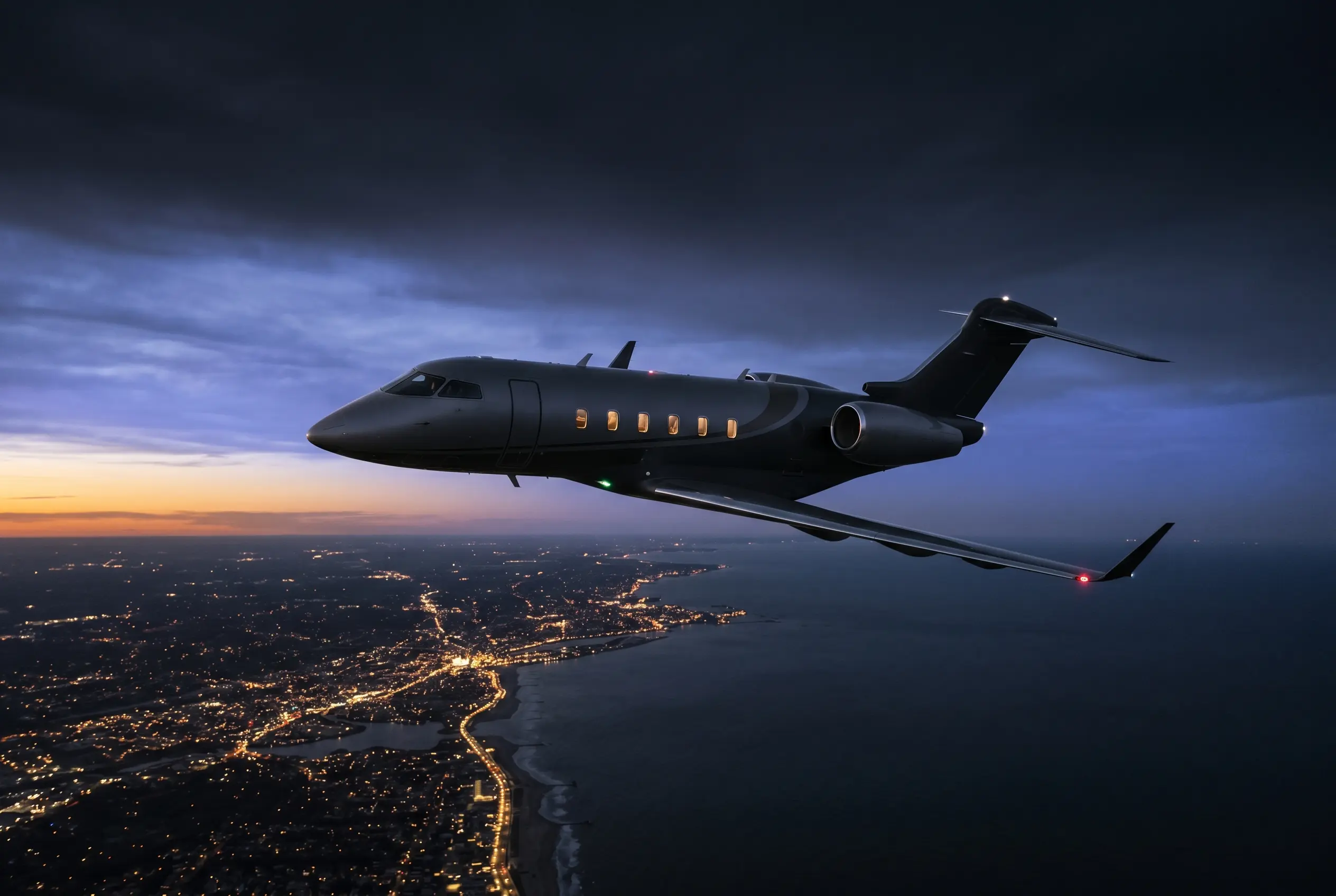 Bombardier Challenger 350 in flight at dusk above the Eastern Seaboard en route from New York to Miami
