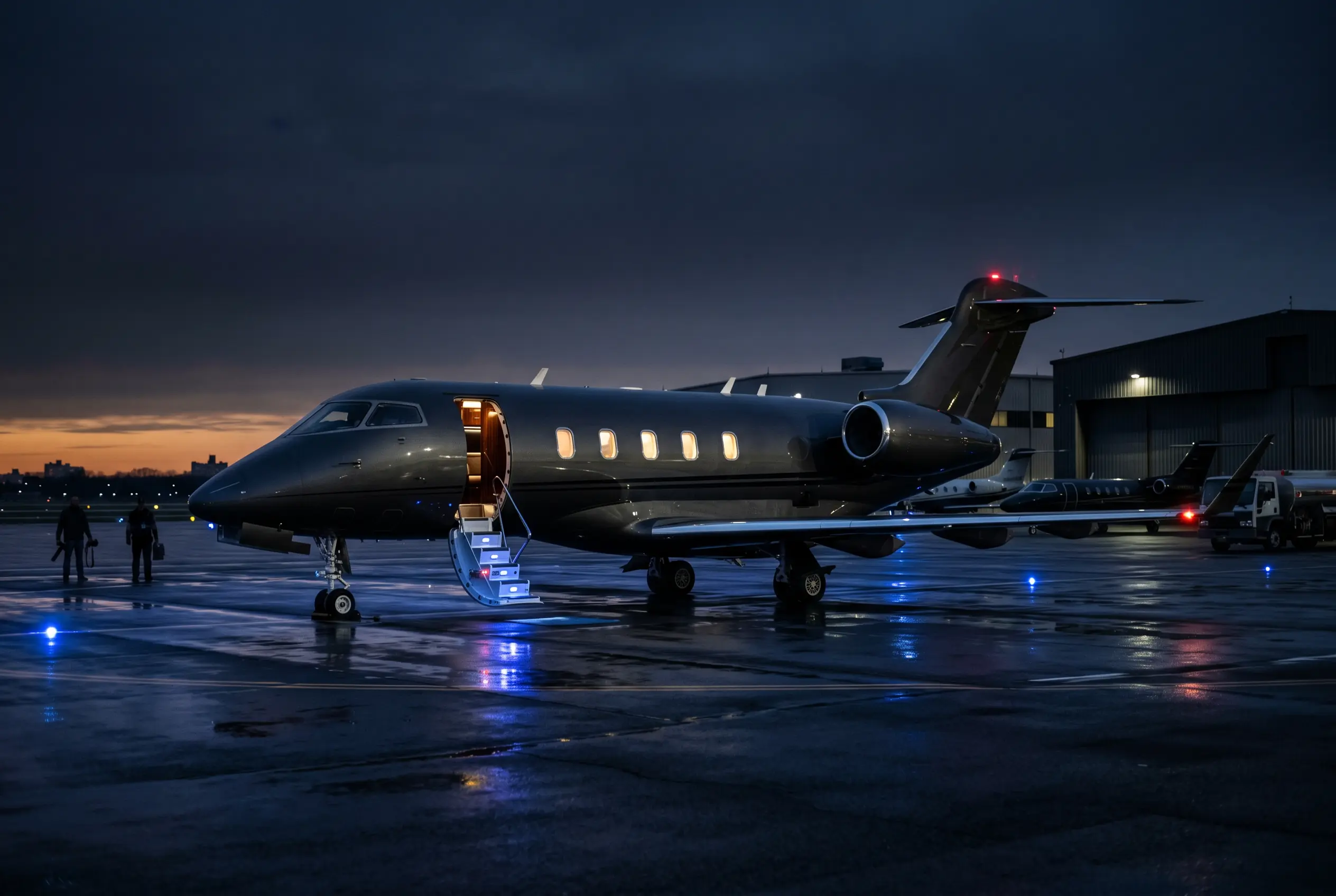 Bombardier Challenger 3500 on a private ramp at dusk before a New York to Miami departure