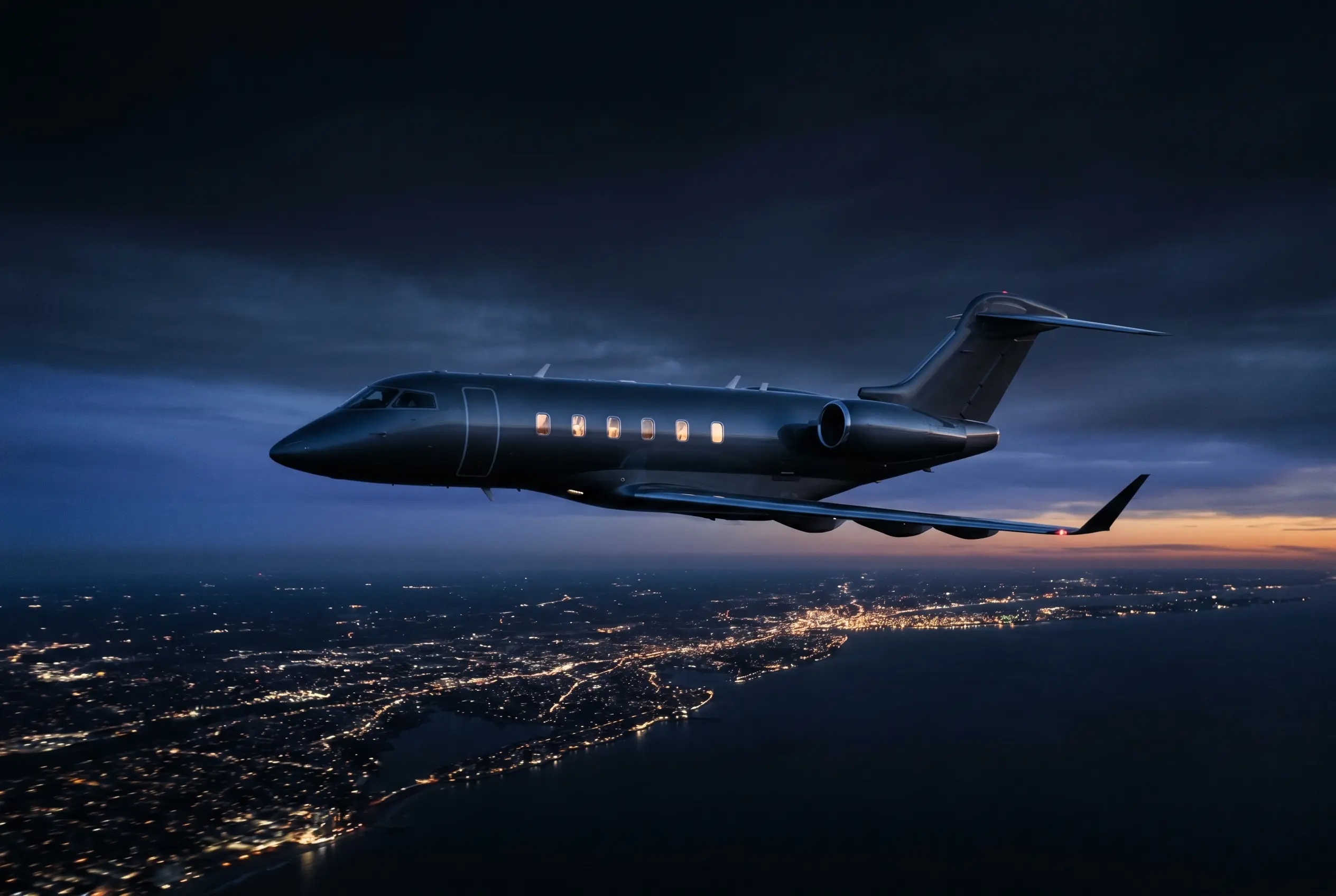 Bombardier Challenger 3500 in flight at dusk above the Eastern Seaboard en route from New York to Miami