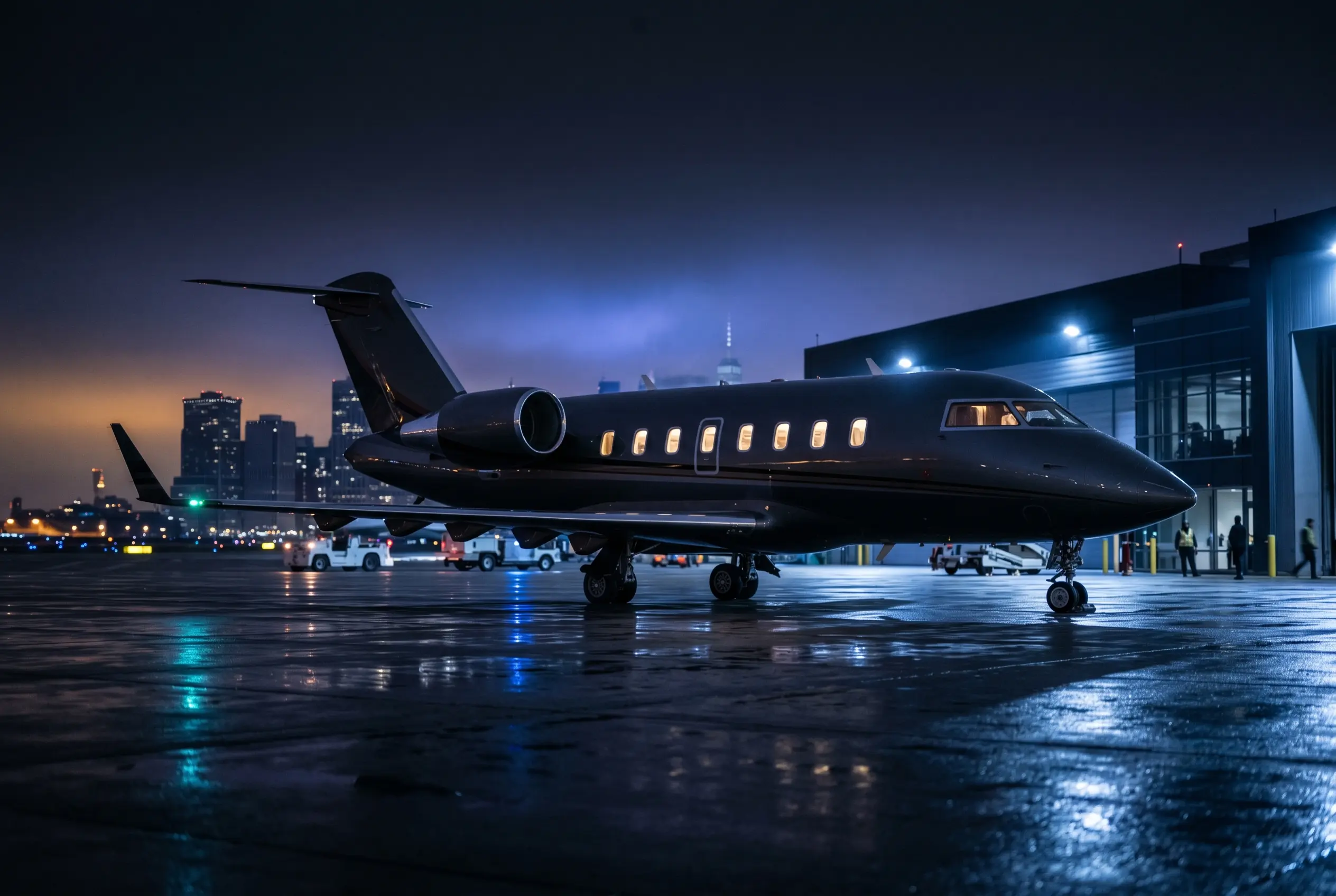 Bombardier Challenger 650 on a private ramp at dusk before a New York to Miami departure