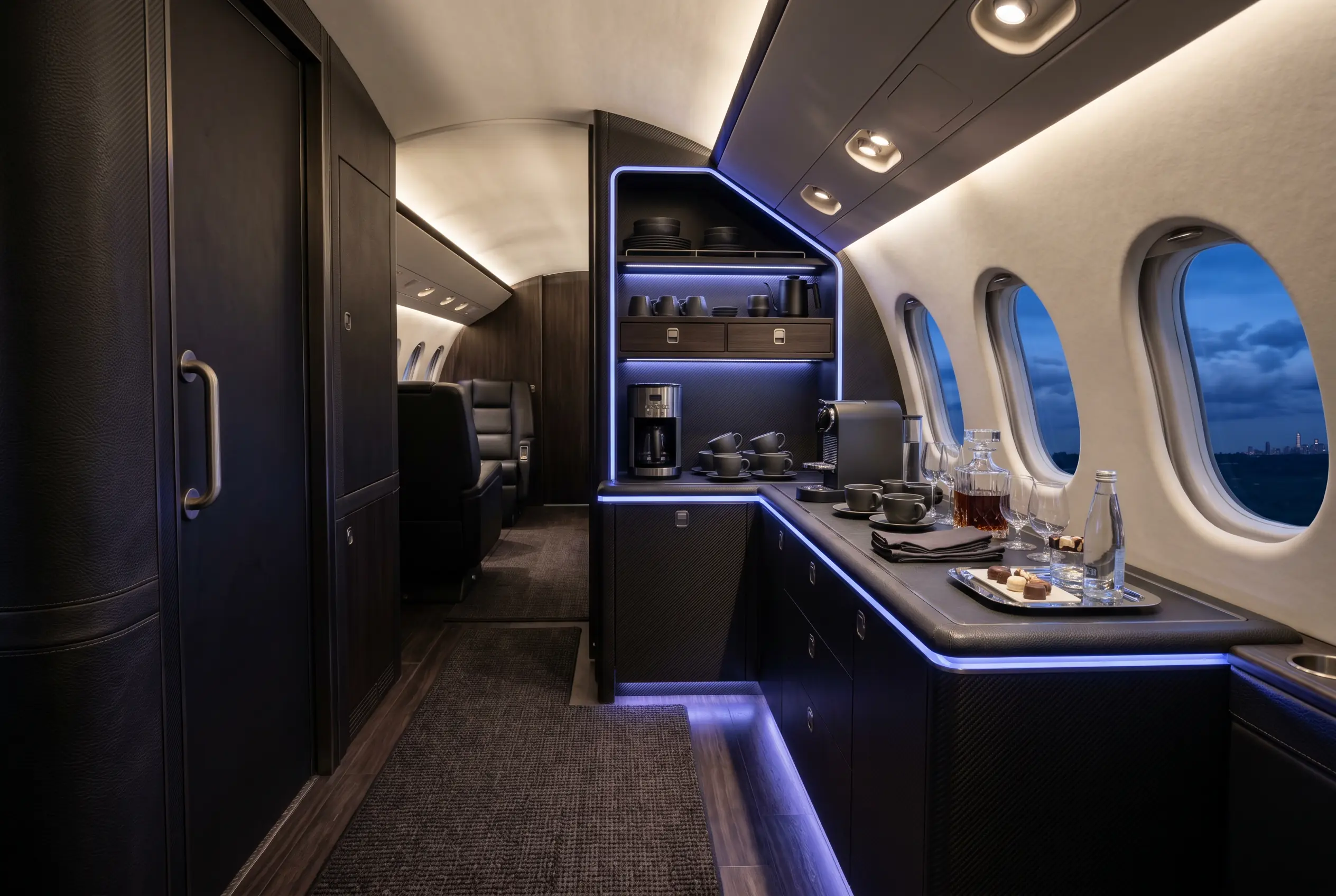 Full forward galley aboard a Bombardier Challenger 650 prepared for a New York to Miami flight
