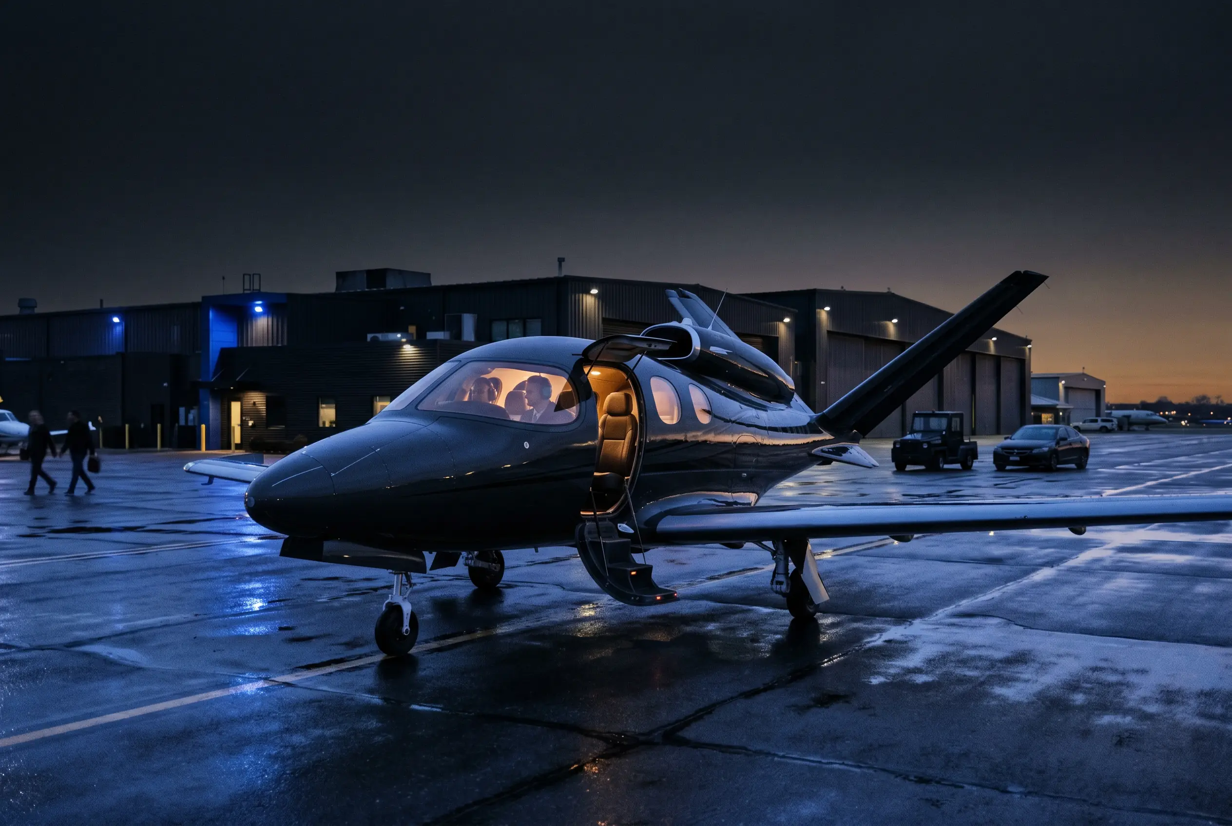 Cirrus Vision Jet G2+ with its single over-fuselage engine and V-tail, parked on a New York ramp at dusk before a Miami flight