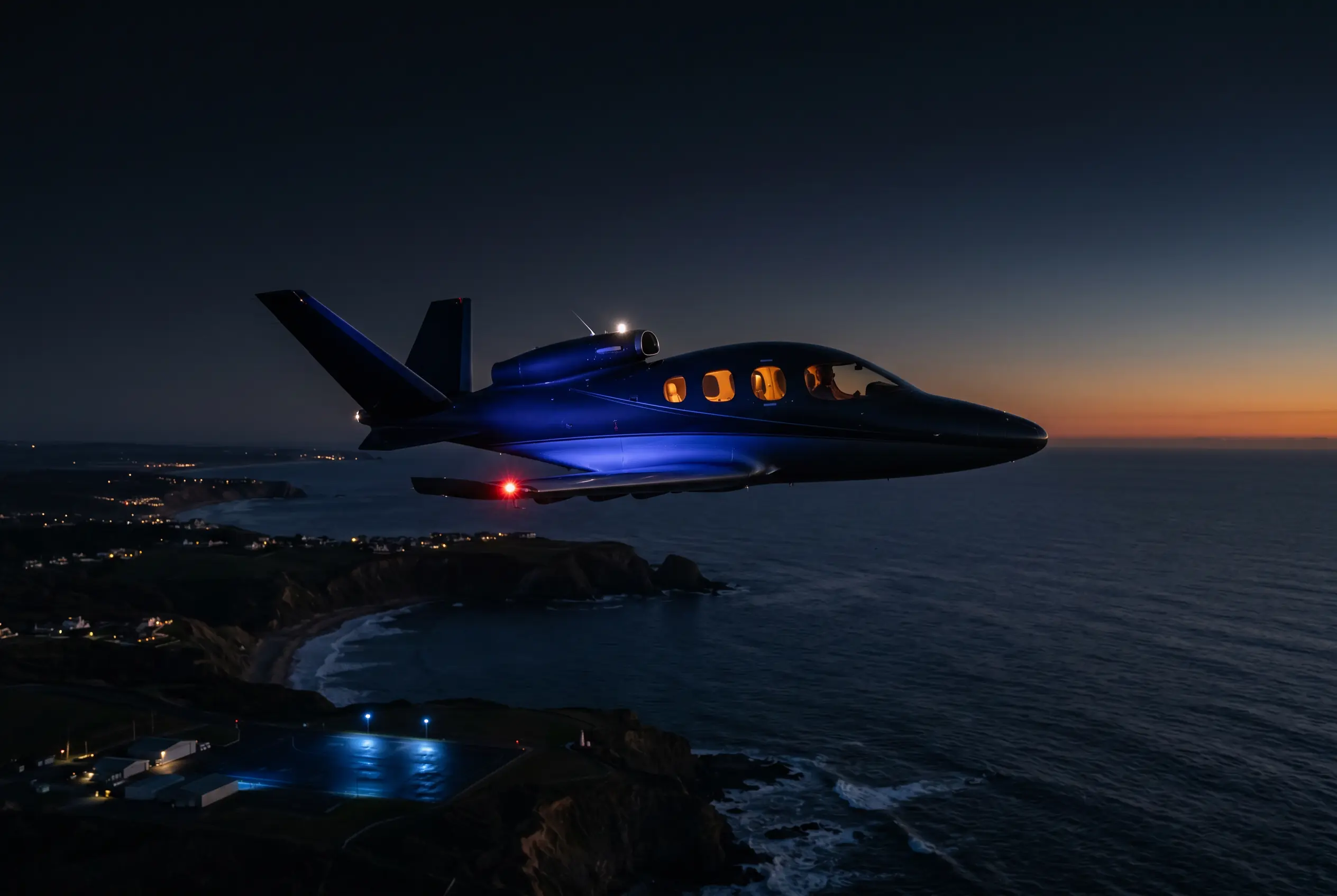 Cirrus Vision Jet G2+ in flight over the Atlantic coast at sunset en route from New York to Miami