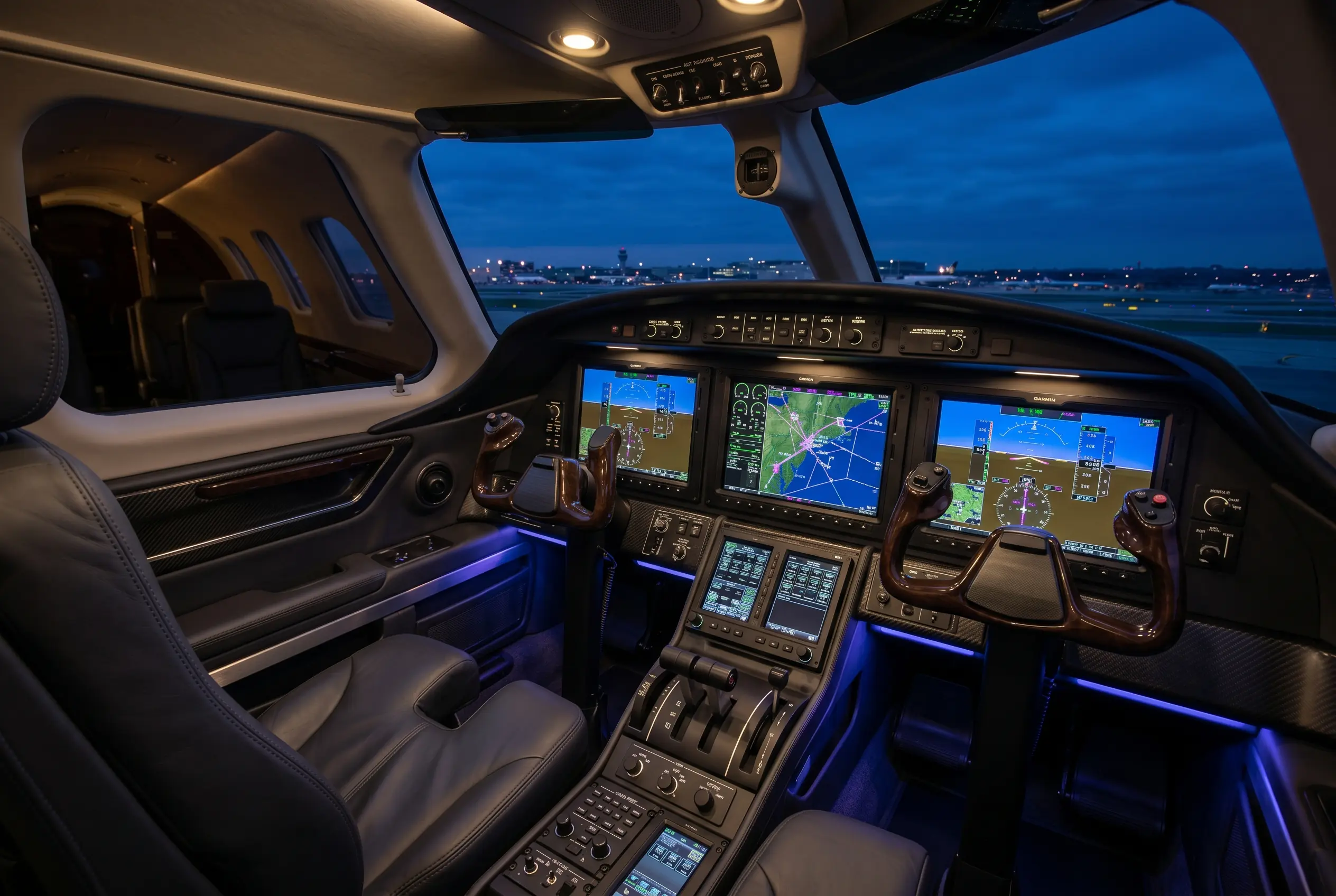 Cessna Citation CJ3+ Garmin glass cockpit illuminated at dusk ahead of a New York to Miami flight