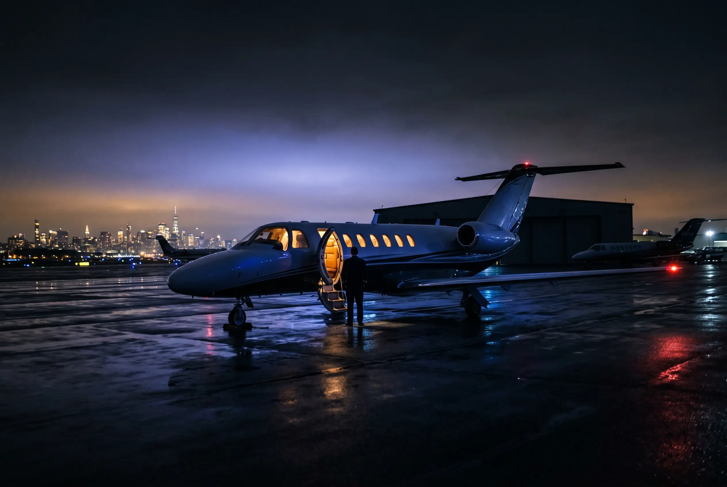 Cessna Citation CJ3+ on a private ramp at dusk before a New York to Miami departure