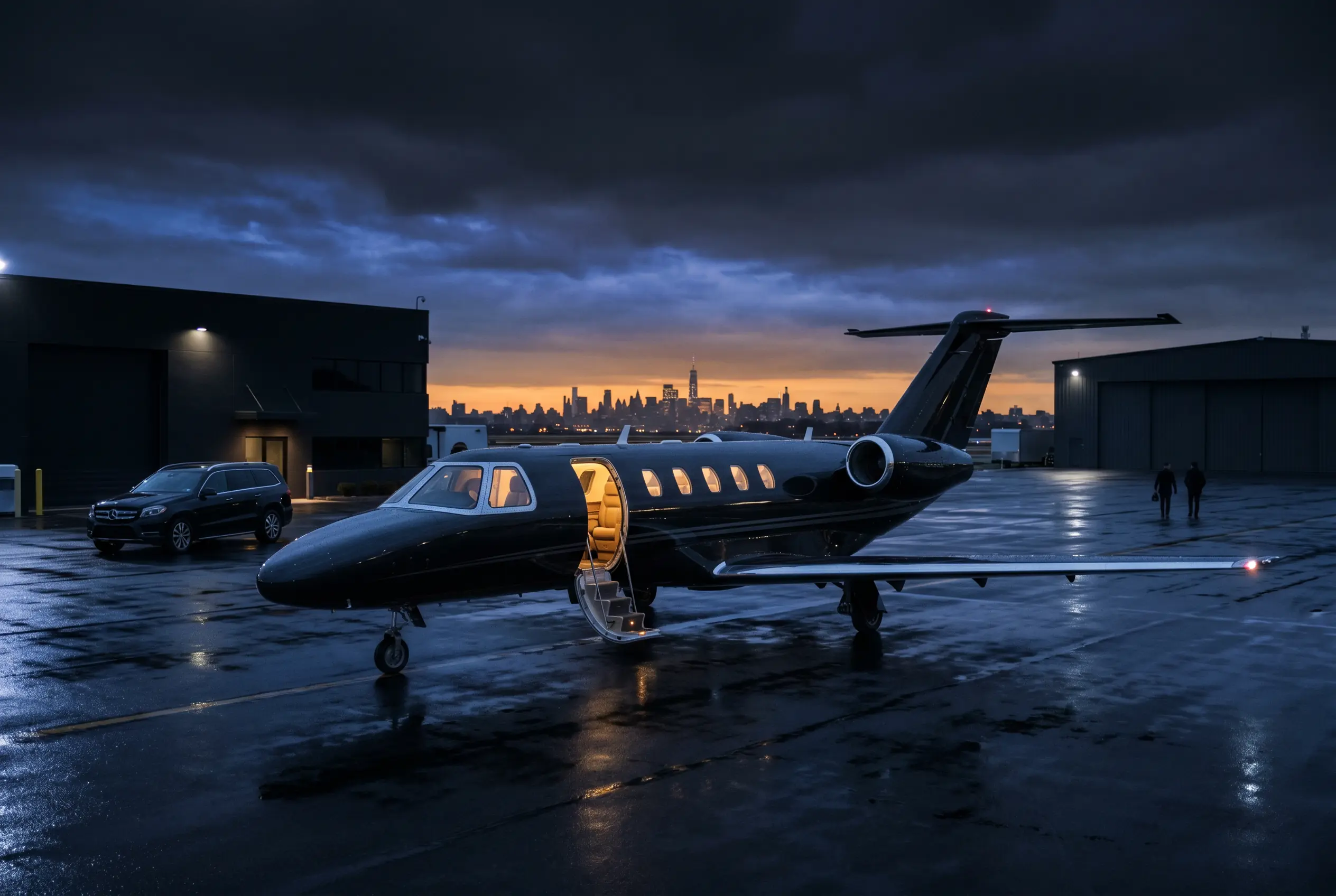 Cessna Citation CJ4 Gen2 parked on a private ramp at dusk before a New York to Miami departure