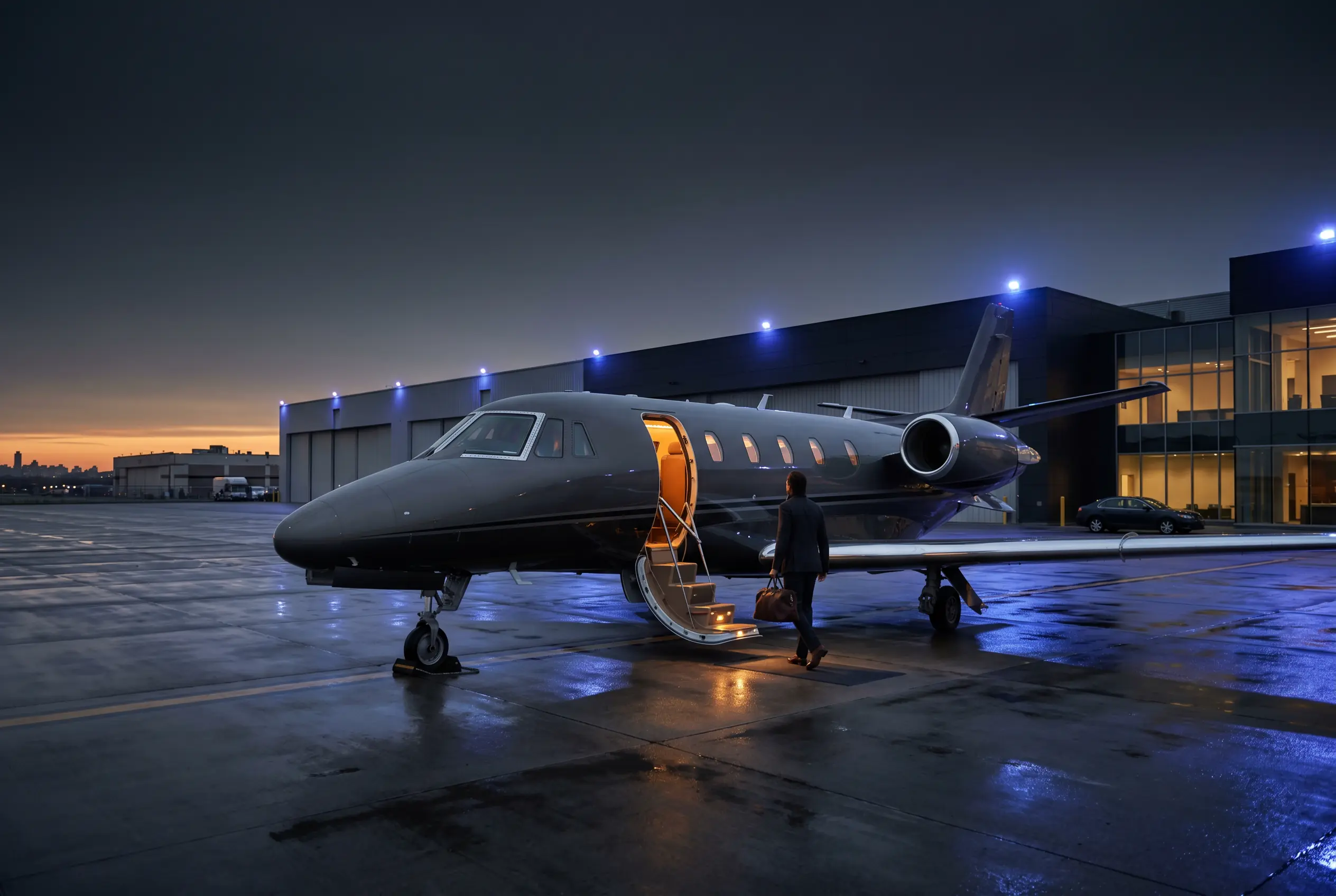Traveler boarding a Cessna Citation Excel by airstair at a New York FBO at dusk before a Miami flight