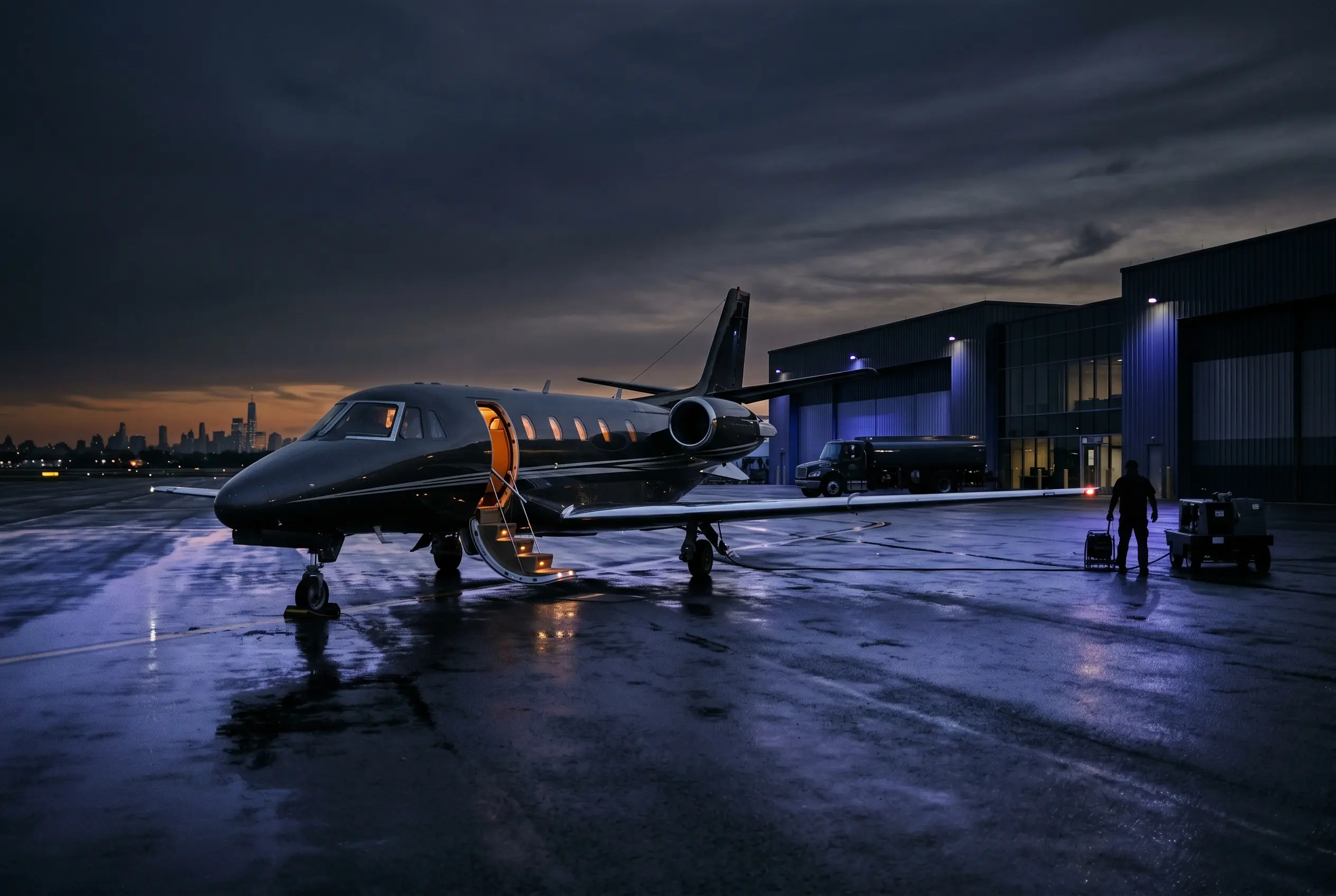 Cessna Citation Excel on a private ramp at dusk before a New York to Miami departure