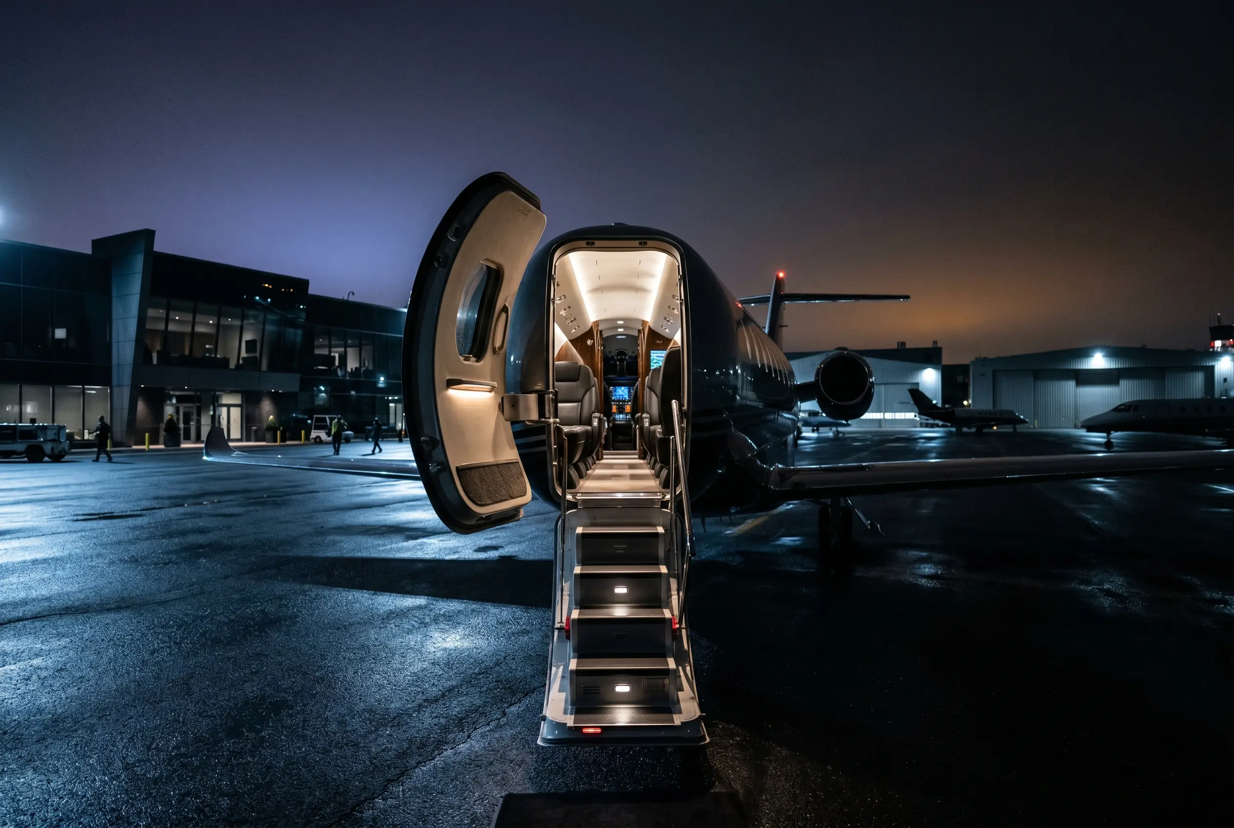 Wide entry door and flat aisle of a Cessna Citation Latitude at a New York FBO ahead of a Miami departure