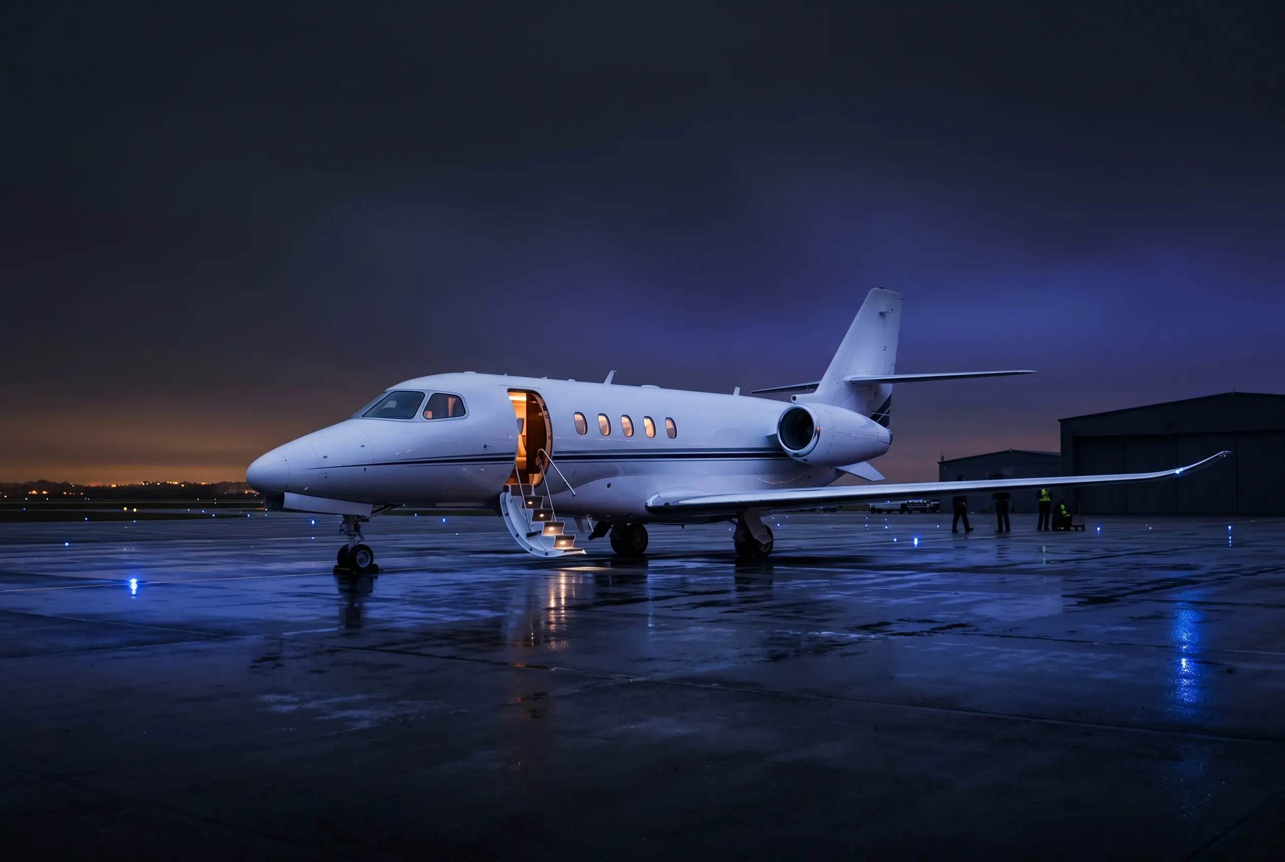 Cessna Citation Latitude parked on a private ramp at dusk with airstair down before a New York to Miami flight