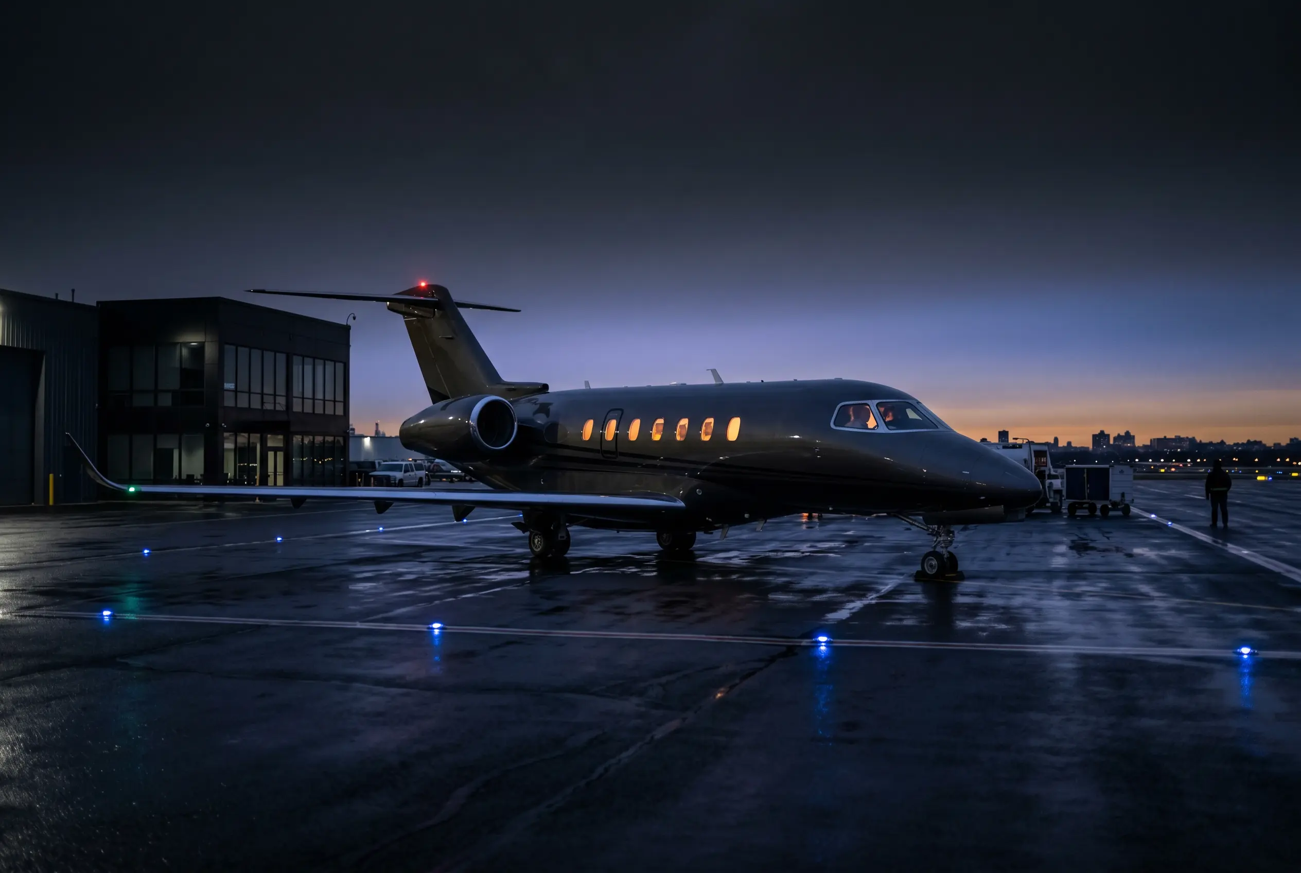 Cessna Citation Longitude on a private ramp at dusk before a New York to Miami departure