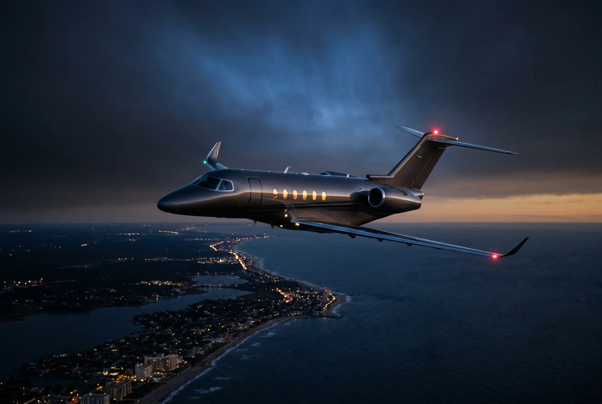 Cessna Citation Longitude in flight at dusk above the coastline en route from New York to Miami
