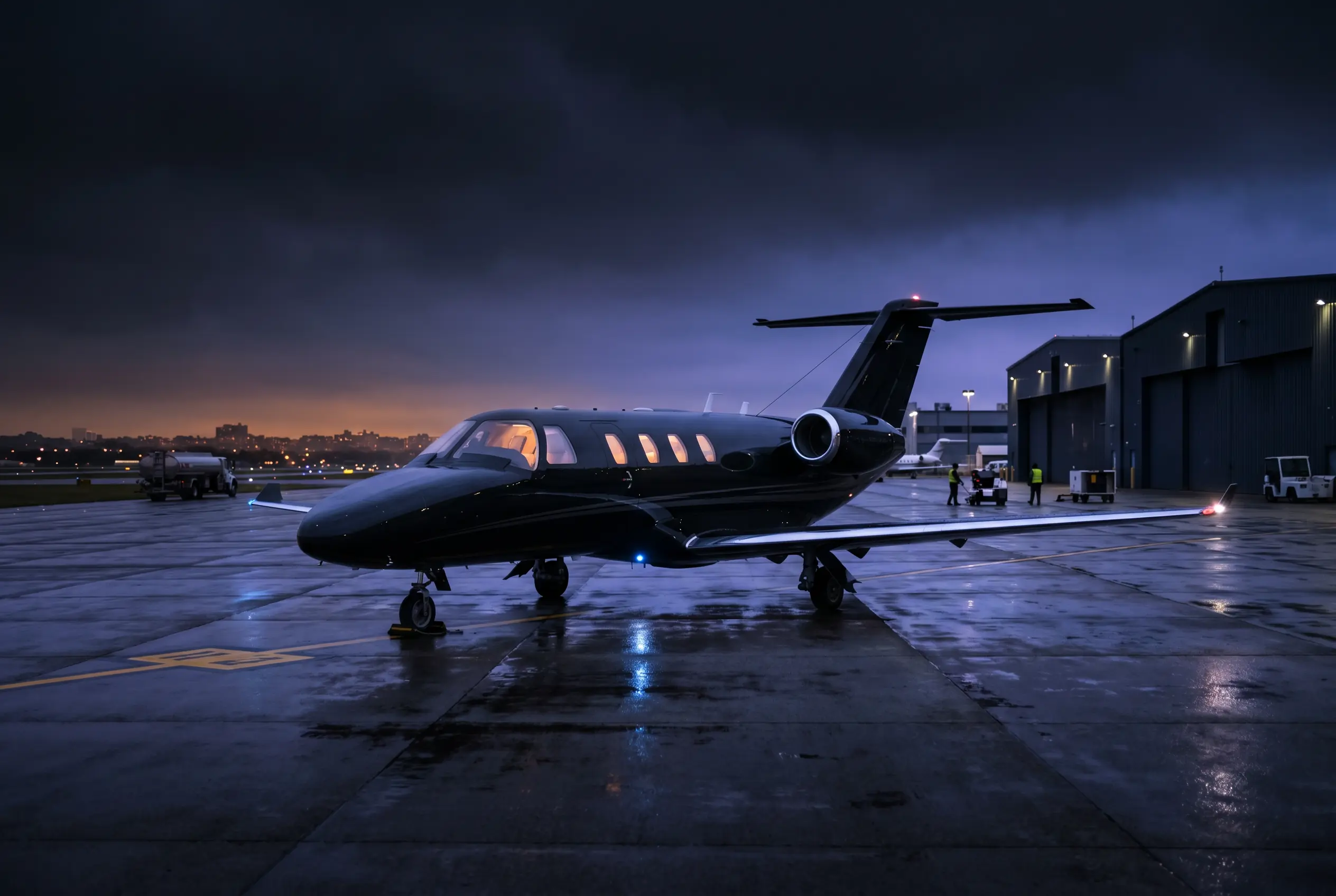 Cessna Citation M2 Gen2 on a private ramp at dusk before a New York to Miami departure