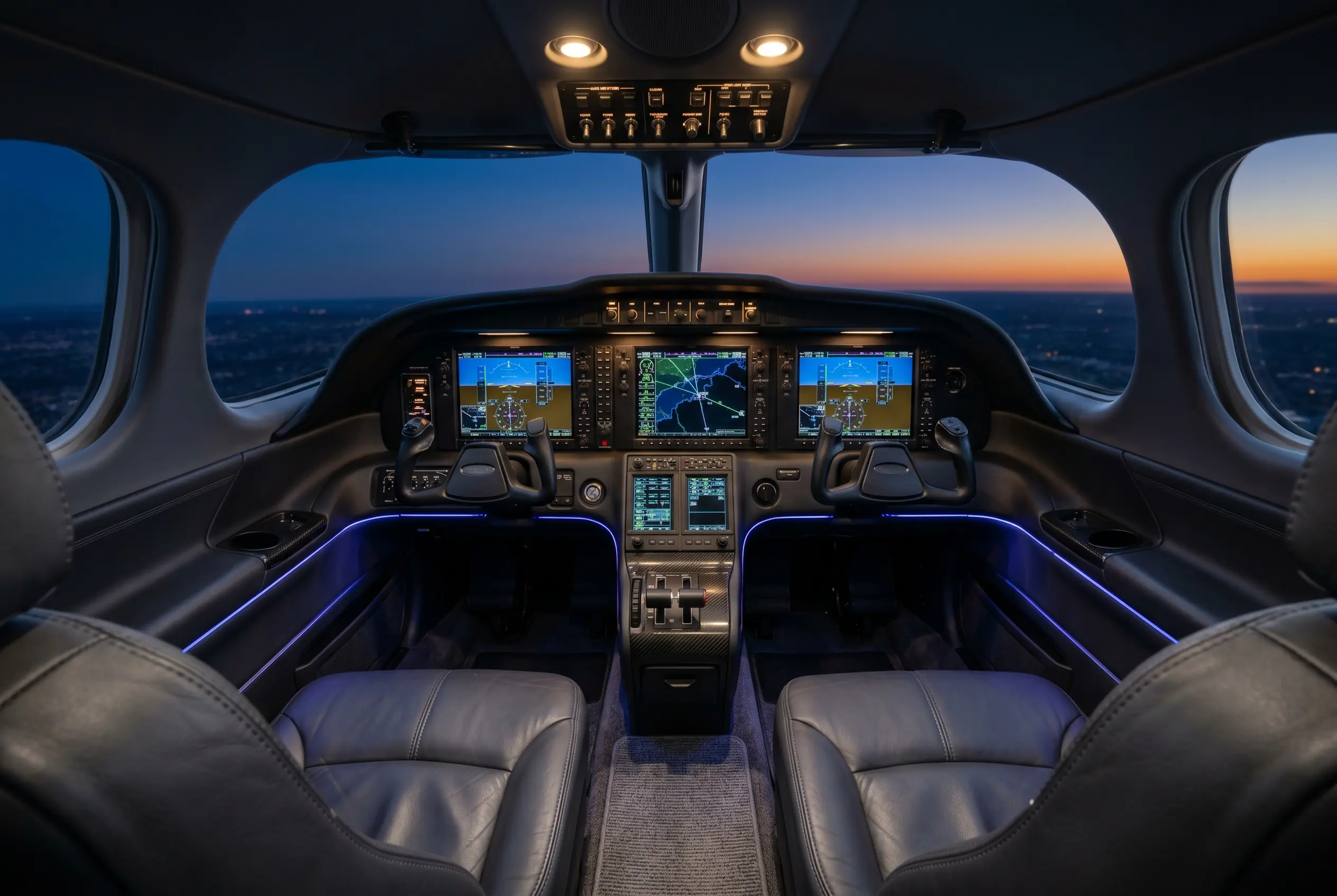 Cessna Citation Mustang Garmin G1000 glass cockpit illuminated at dusk ahead of a New York to Miami flight