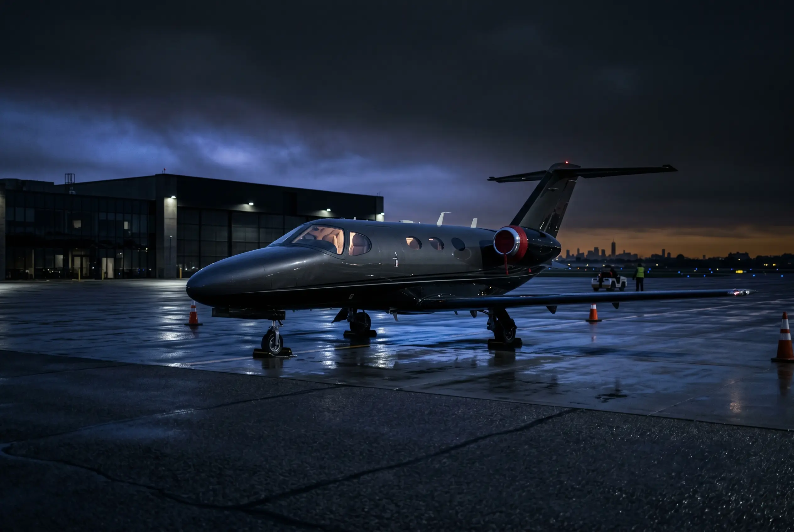 Cessna Citation Mustang parked on a private ramp at dusk before a New York to Miami departure