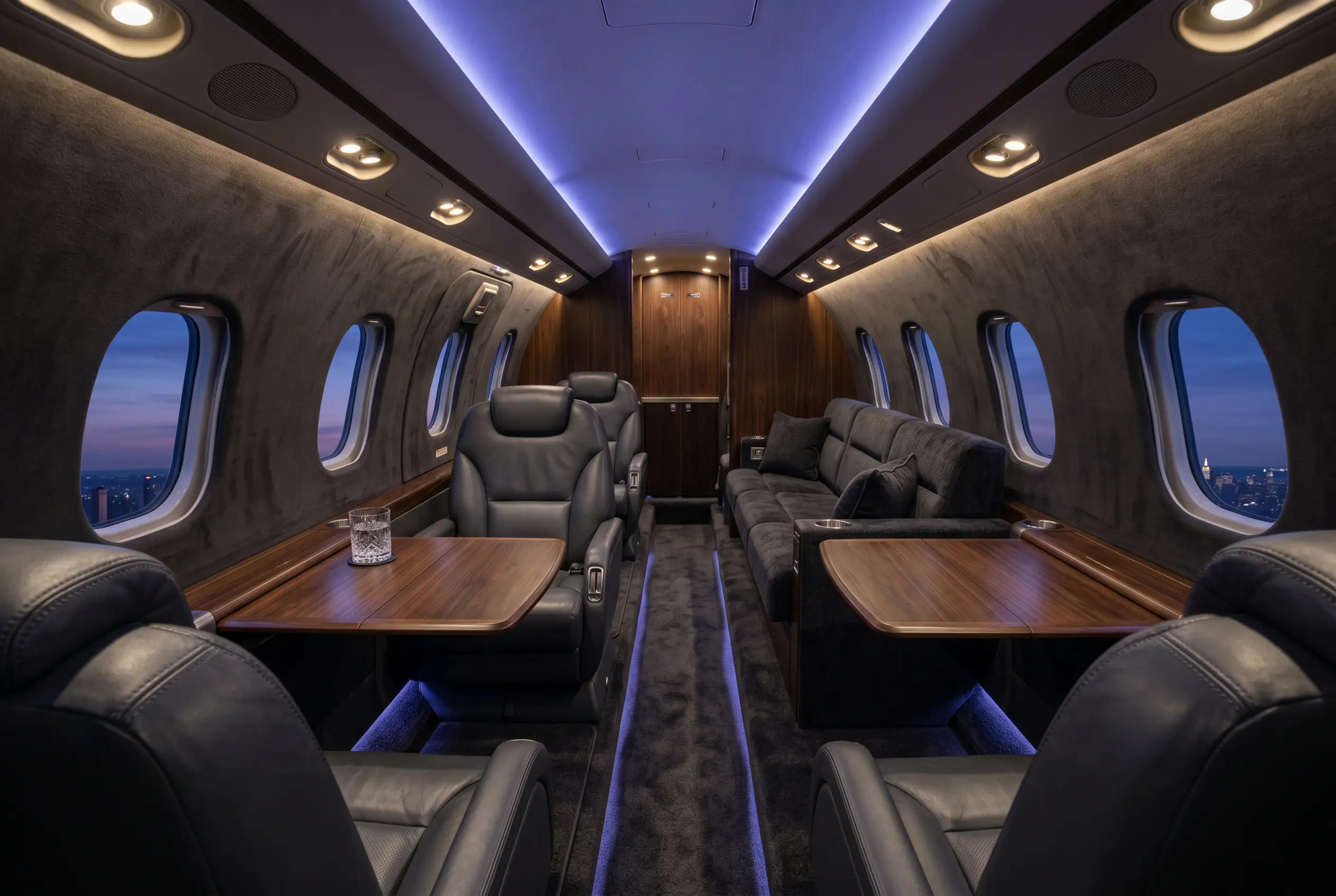 Cessna Citation Sovereign+ stand-up cabin with double-club seating and a divan, configured for a New York to Miami charter