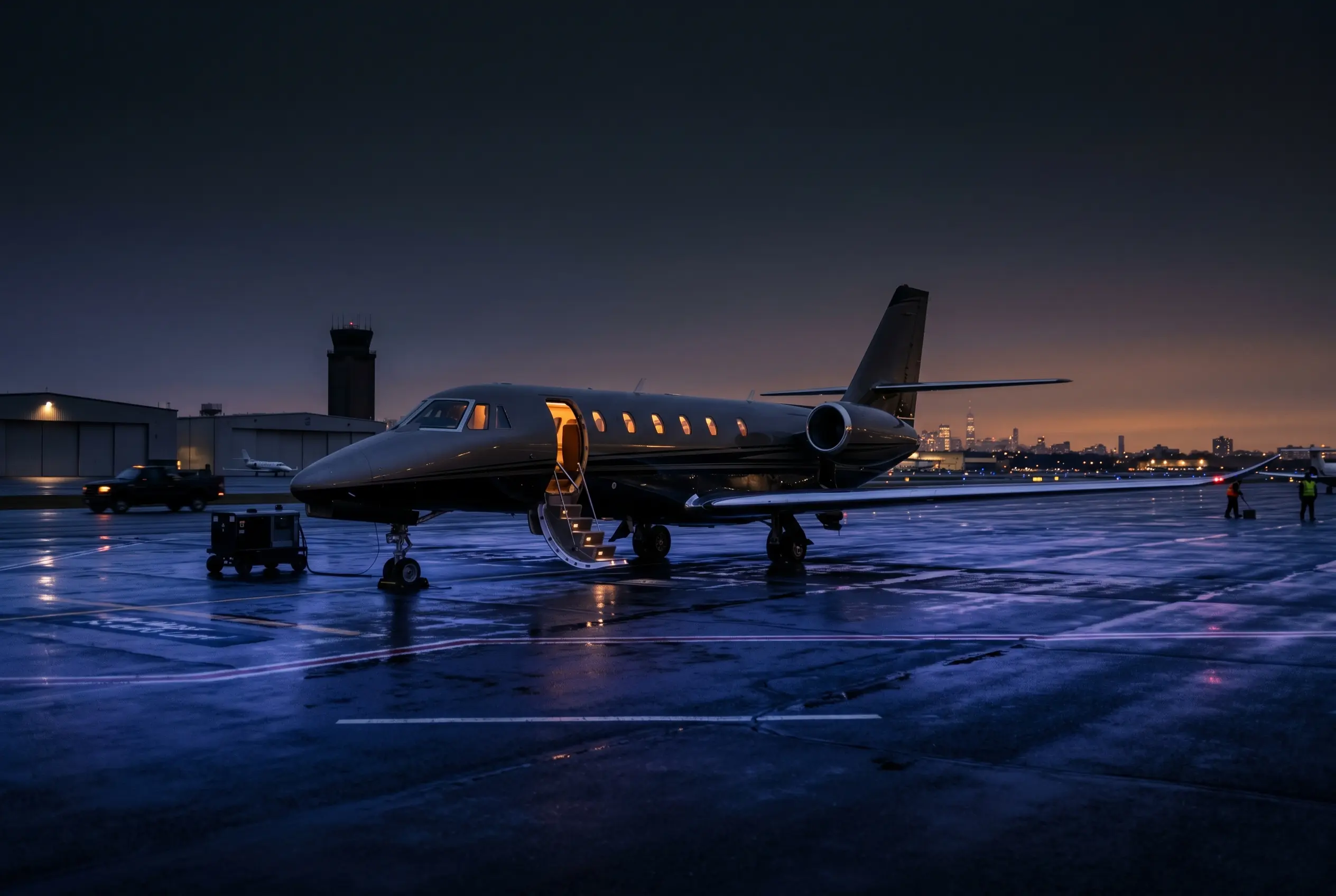 Cessna Citation Sovereign+ on a private ramp at dusk before a New York to Miami departure