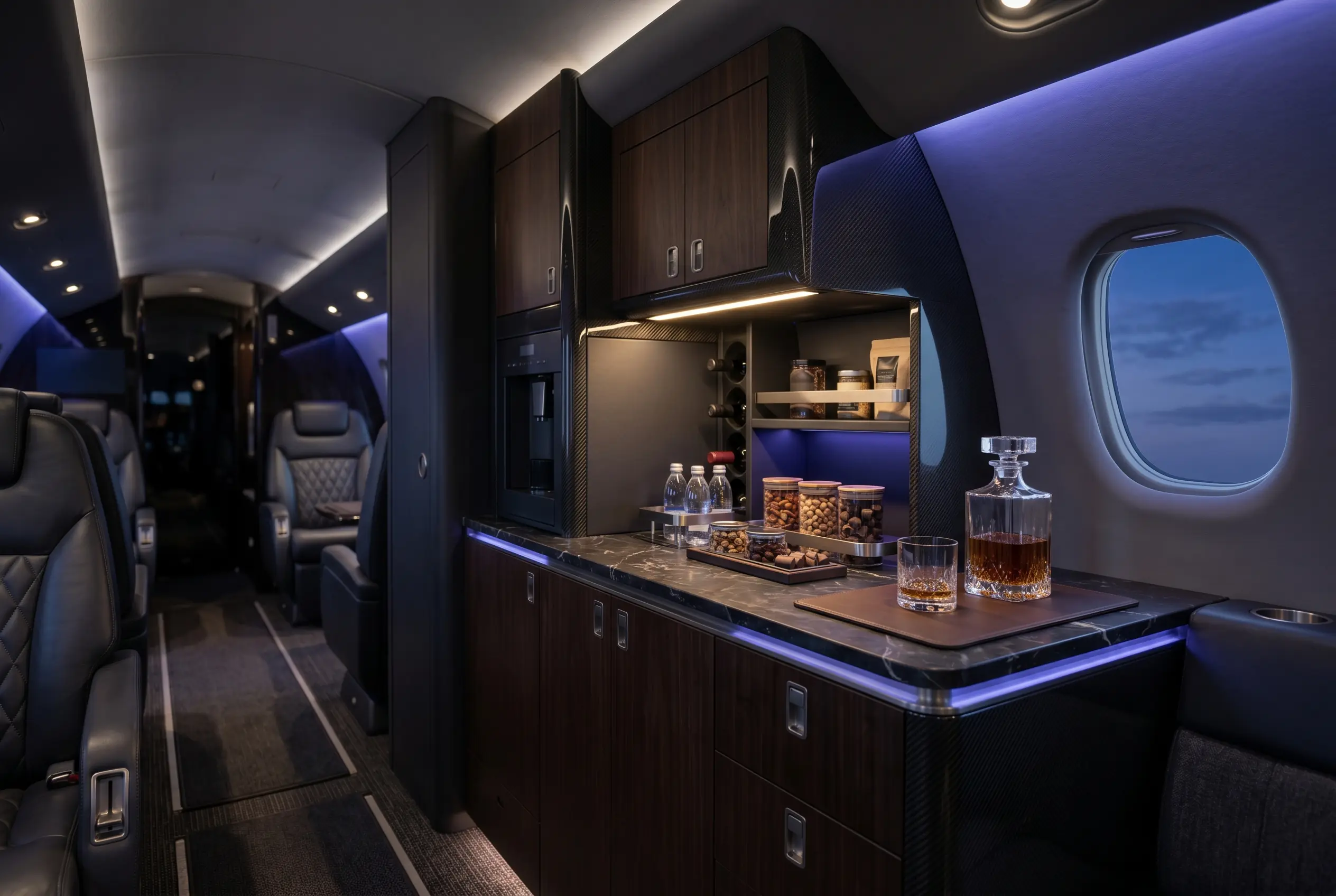 Forward galley of a Cessna Citation Sovereign+ stocked for a New York to Miami flight