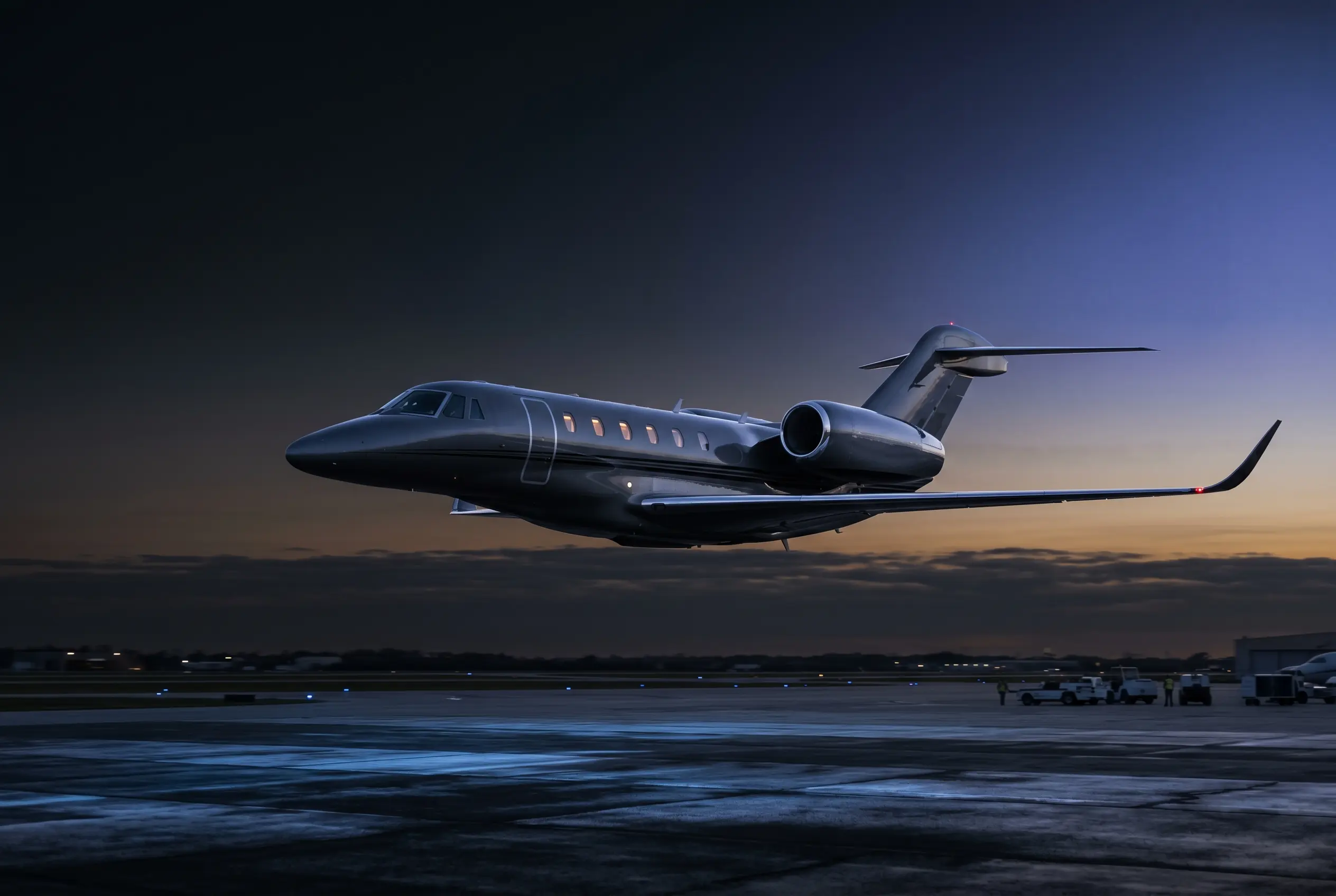 Cessna Citation X cruising at high altitude near Mach 0.92 at dusk en route from New York to Miami